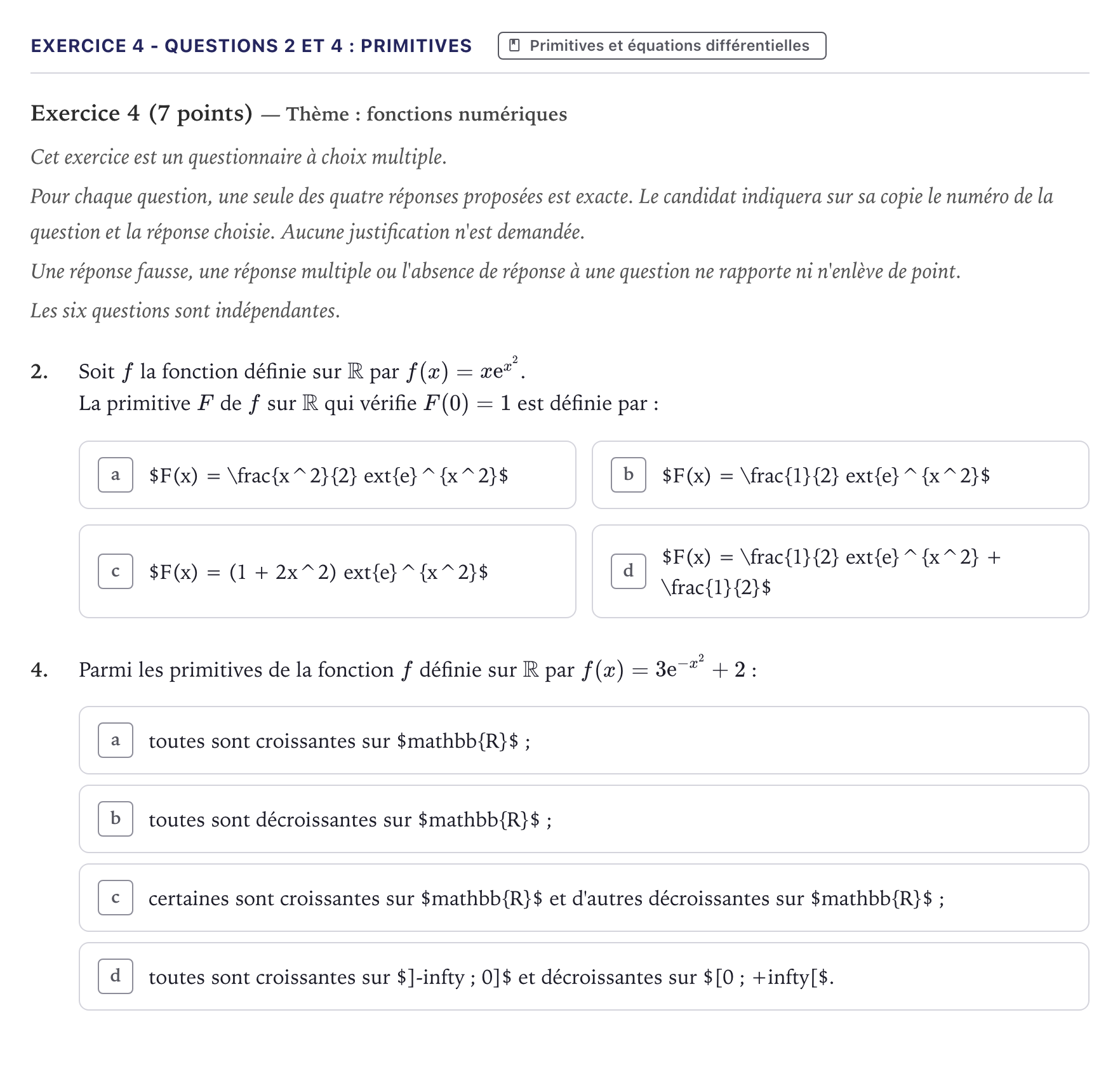 Énoncé: Exercice 4 - Questions 2 et 4 : Primitives · Bac Mathématiques Métropole 2022 (sujet 1)