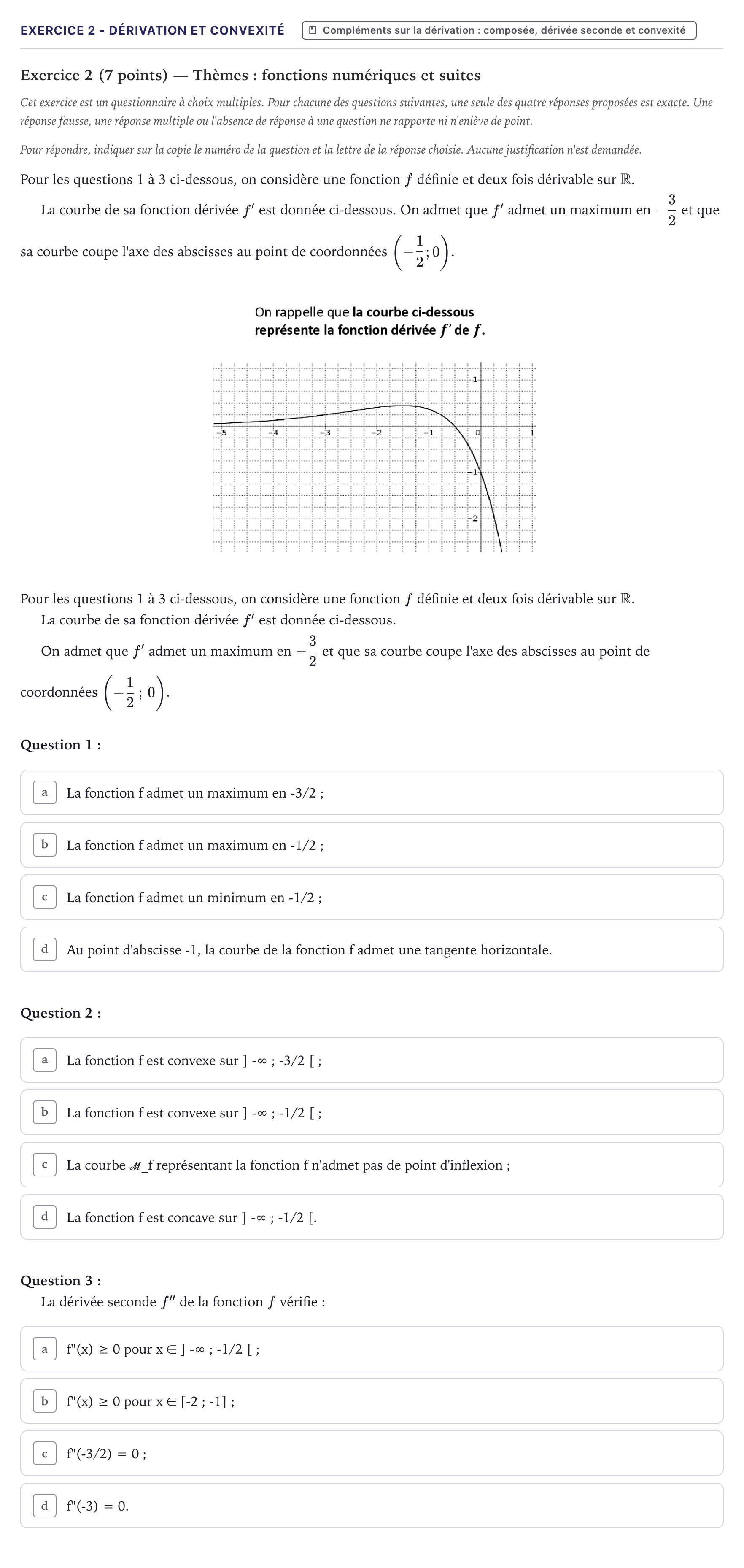 Énoncé: Exercice 2 - Dérivation et convexité · Bac Mathématiques Métropole 2022 (sujet 2)
