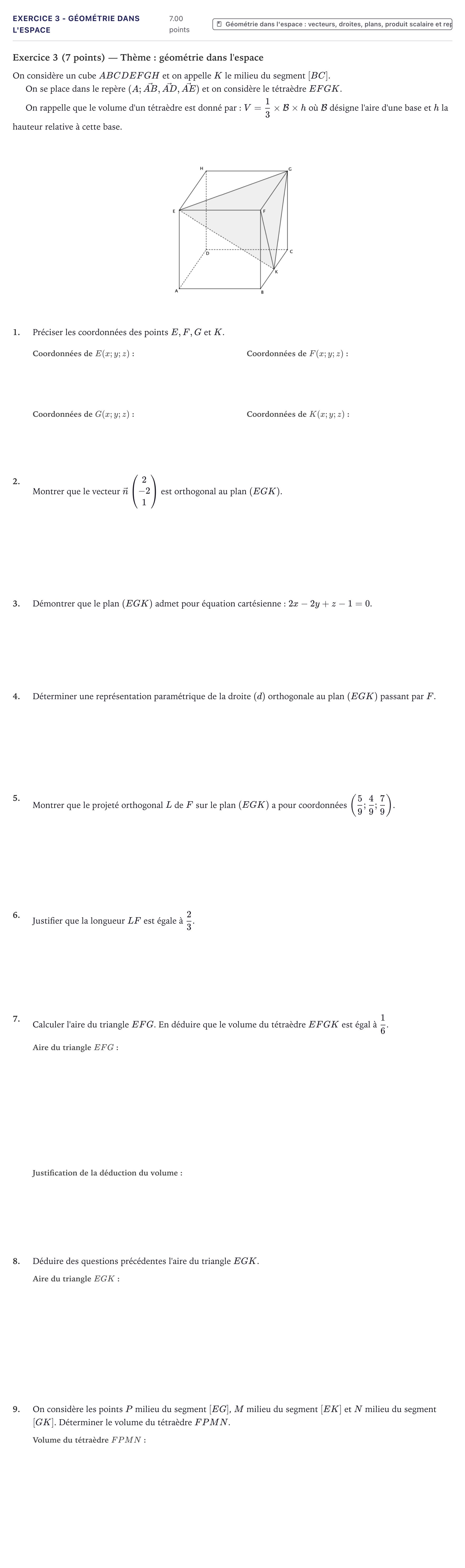 Énoncé: Exercice 3 - Géométrie dans l'espace · Bac Mathématiques Métropole 2022 (sujet 2)