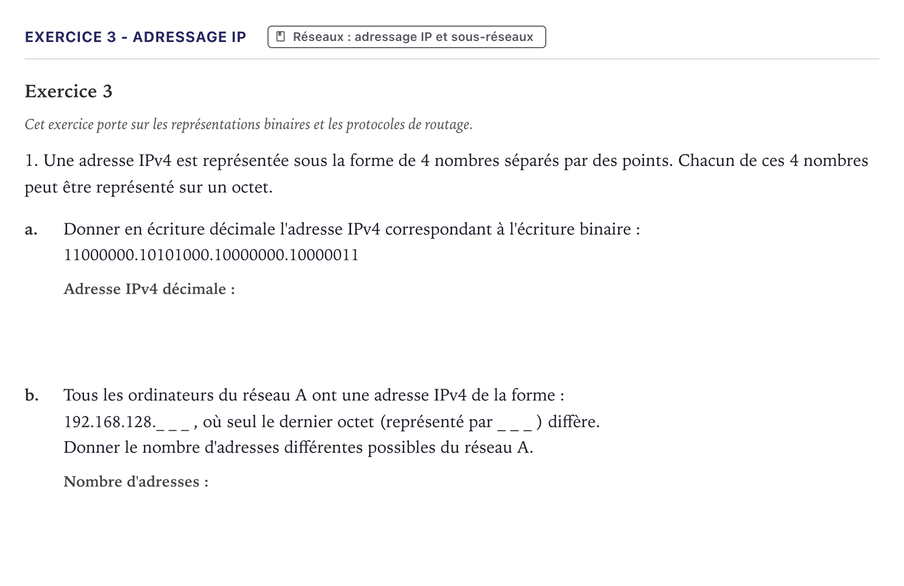 Énoncé: Exercice 3 - Adressage IP · Bac Numérique et Sciences Informatiques Métropole 2022 (sujet 1)
