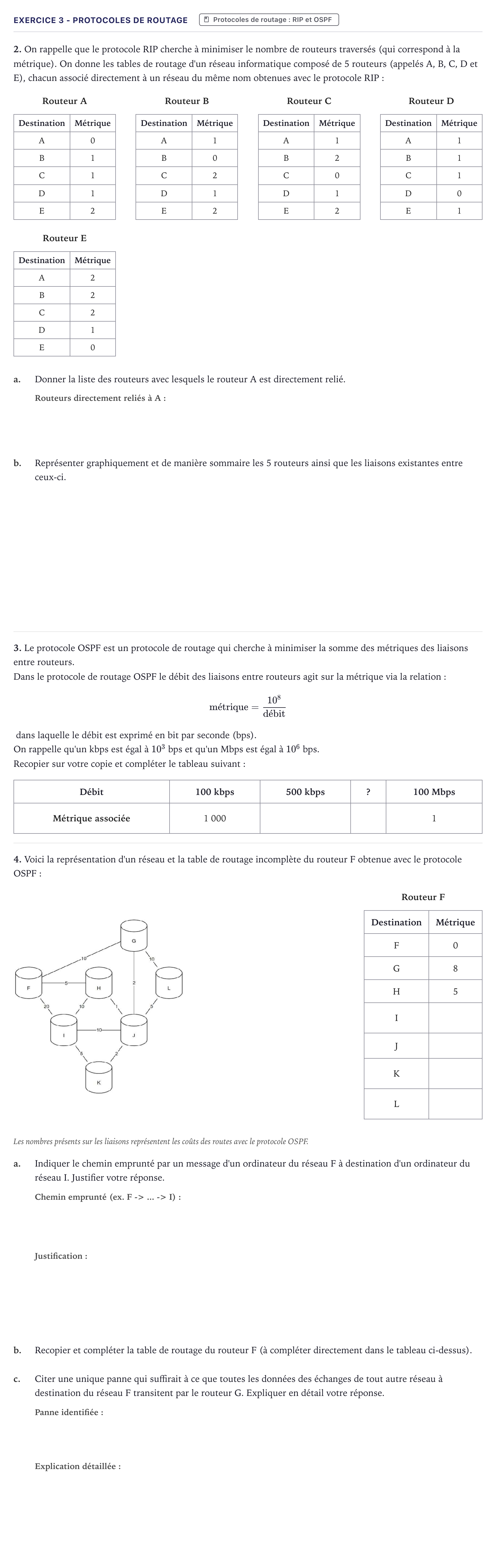Énoncé: Exercice 3 - Protocoles de routage · Bac Numérique et Sciences Informatiques Métropole 2022 (sujet 1)