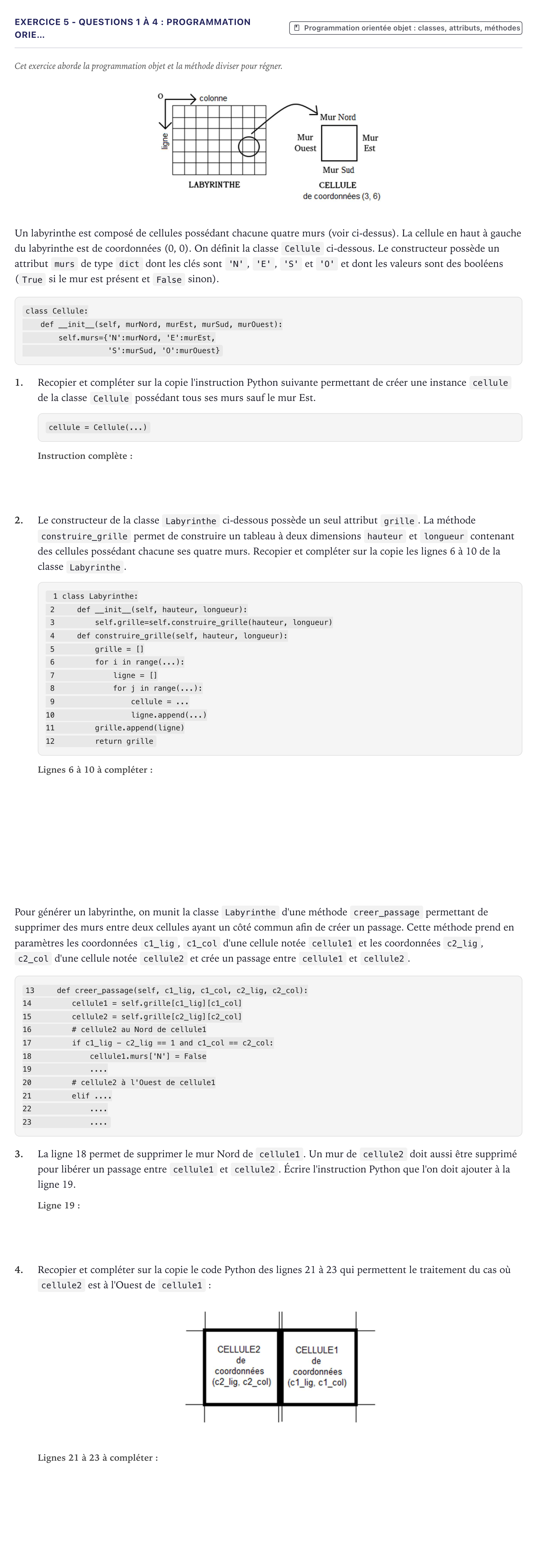 Énoncé: Exercice 5 - Questions 1 à 4 : Programmation orie… · Bac Numérique et Sciences Informatiques Métropole 2022 (sujet 2)