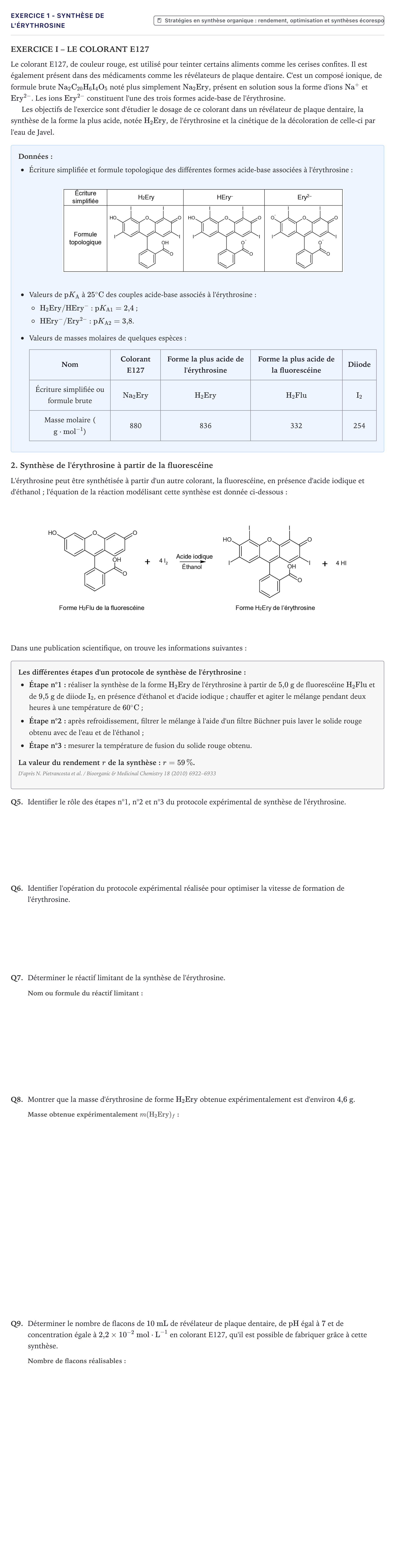 Énoncé: Exercice 1 - Synthèse de l'érythrosine · Bac Physique-Chimie Métropole 2022 (sujet 1)