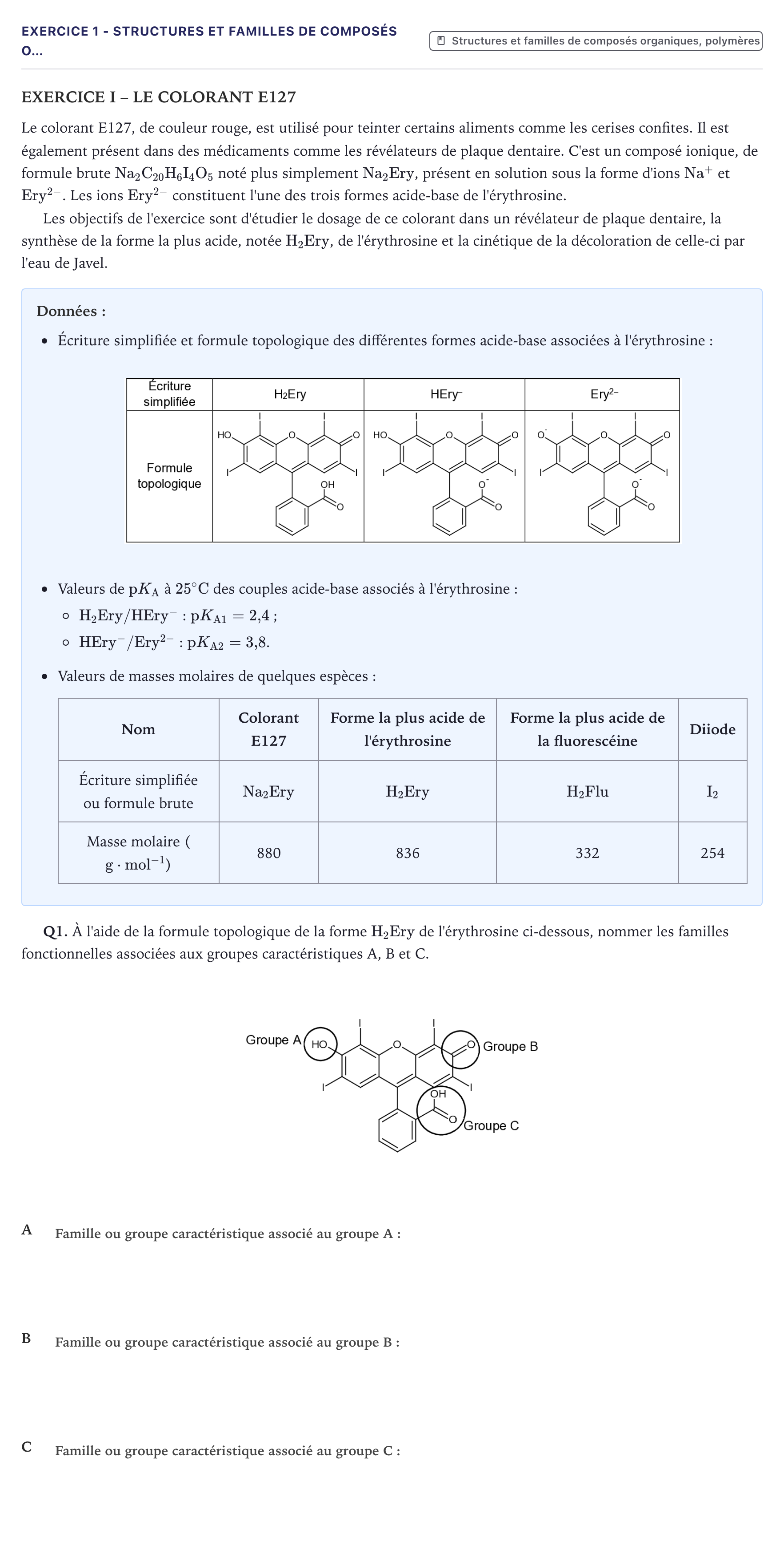 Énoncé: Exercice 1 - Structures et familles de composés o… · Bac Physique-Chimie Métropole 2022 (sujet 1)