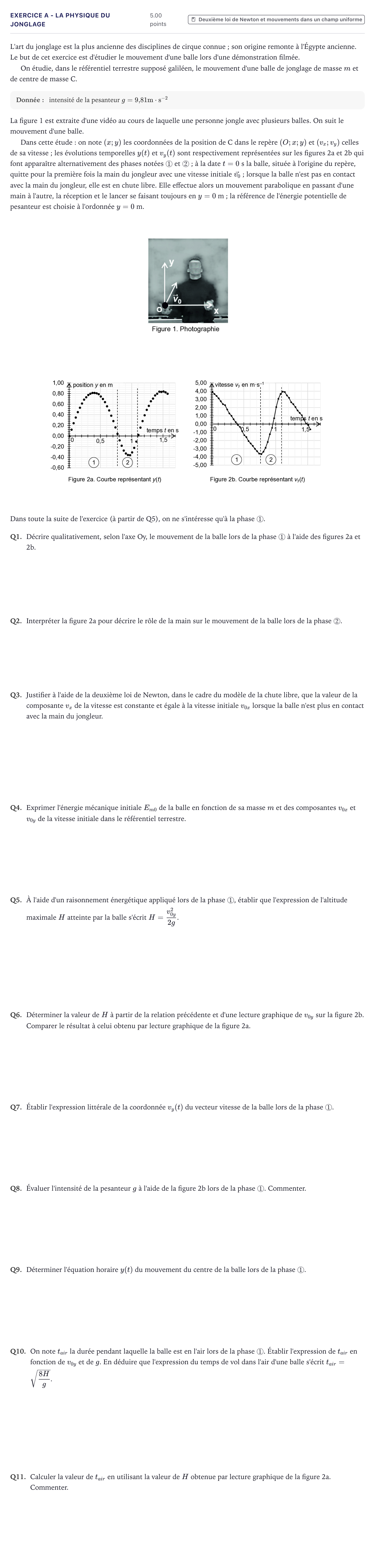 Énoncé: Exercice A - La physique du jonglage · Bac Physique-Chimie Métropole 2022 (sujet 1)
