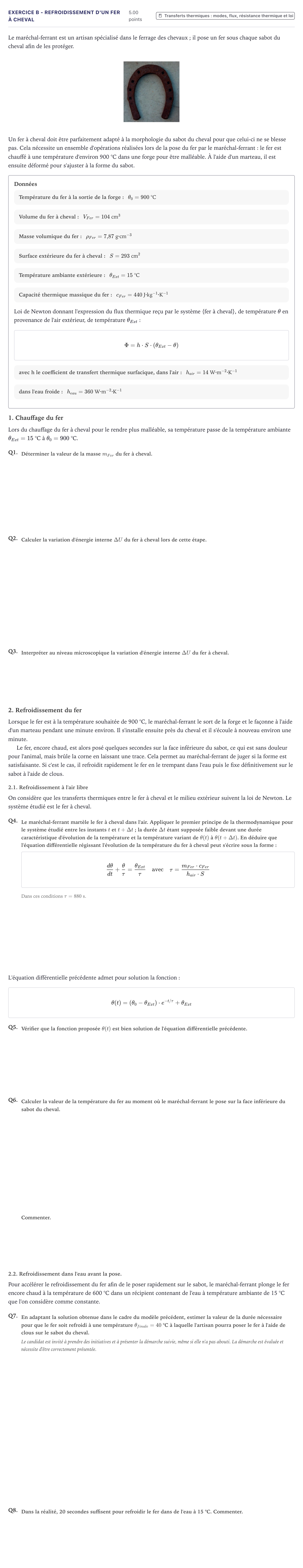 Énoncé: Exercice B - Refroidissement d'un fer à cheval · Bac Physique-Chimie Métropole 2022 (sujet 1)