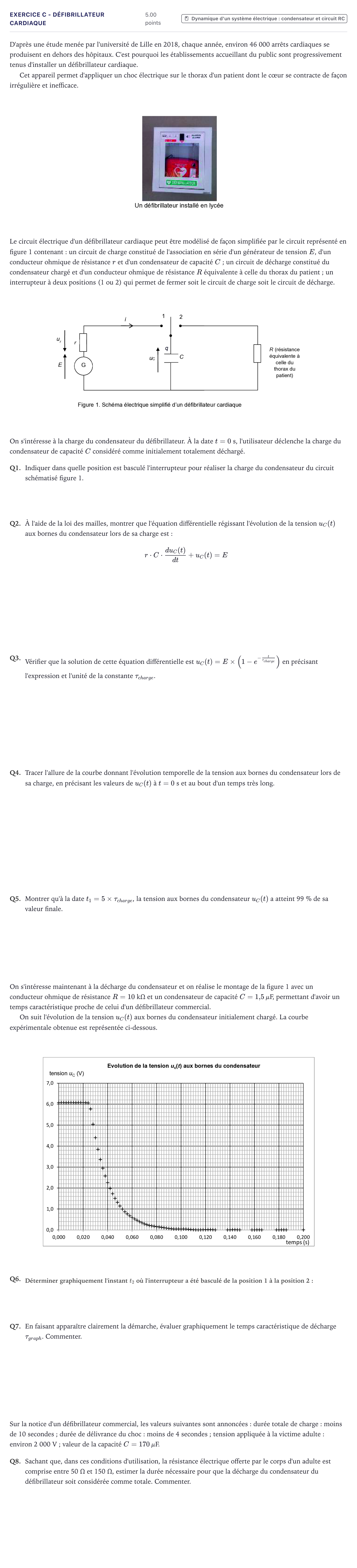 Énoncé: Exercice C - Défibrillateur cardiaque · Bac Physique-Chimie Métropole 2022 (sujet 1)