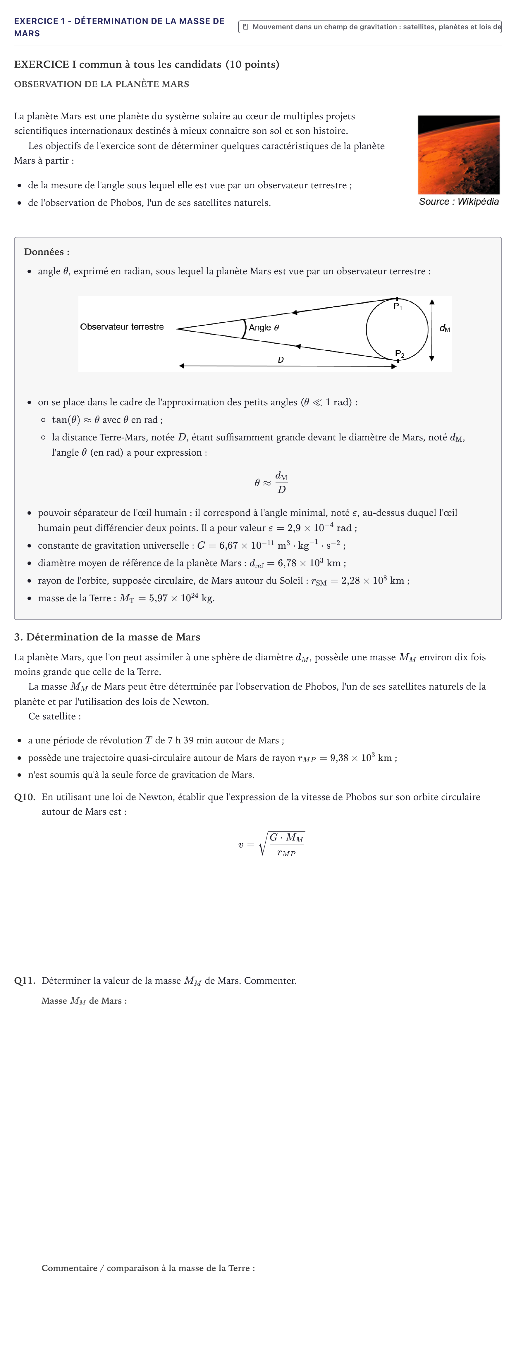 Énoncé: Exercice 1 - Détermination de la masse de Mars · Bac Physique-Chimie Métropole 2022 (sujet 2)