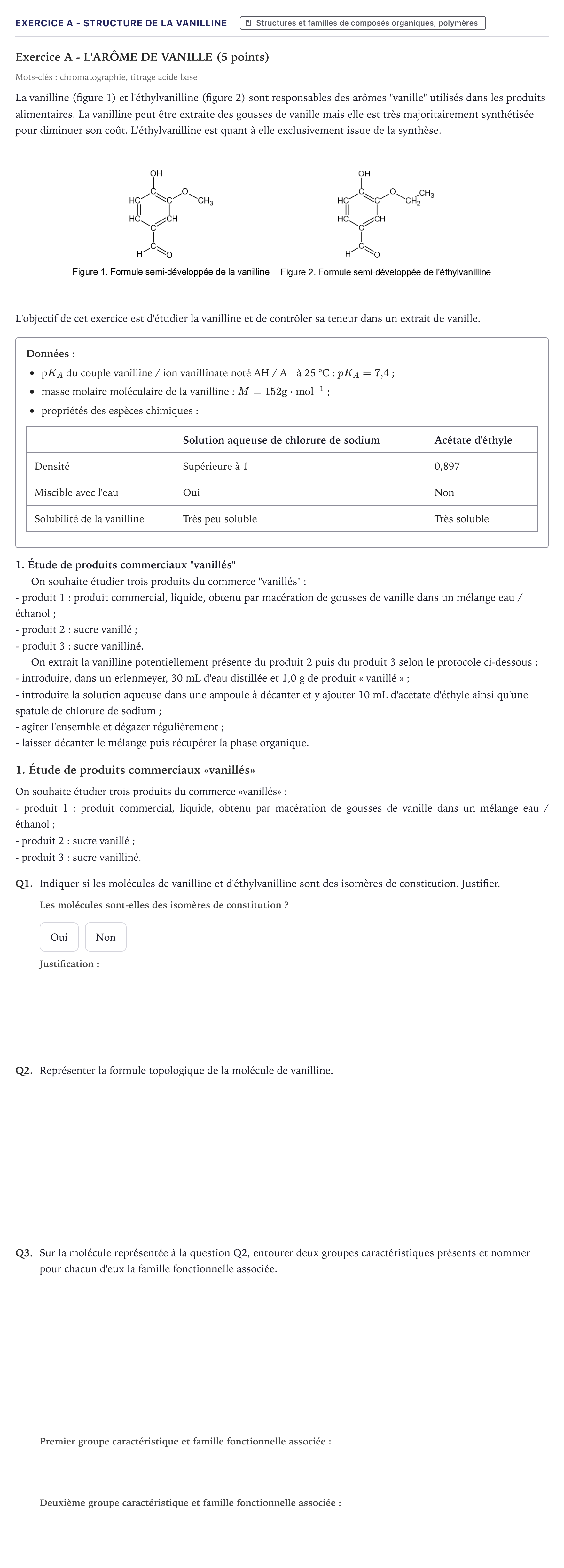 Énoncé: Exercice A - Structure de la vanilline · Bac Physique-Chimie Métropole 2022 (sujet 2)