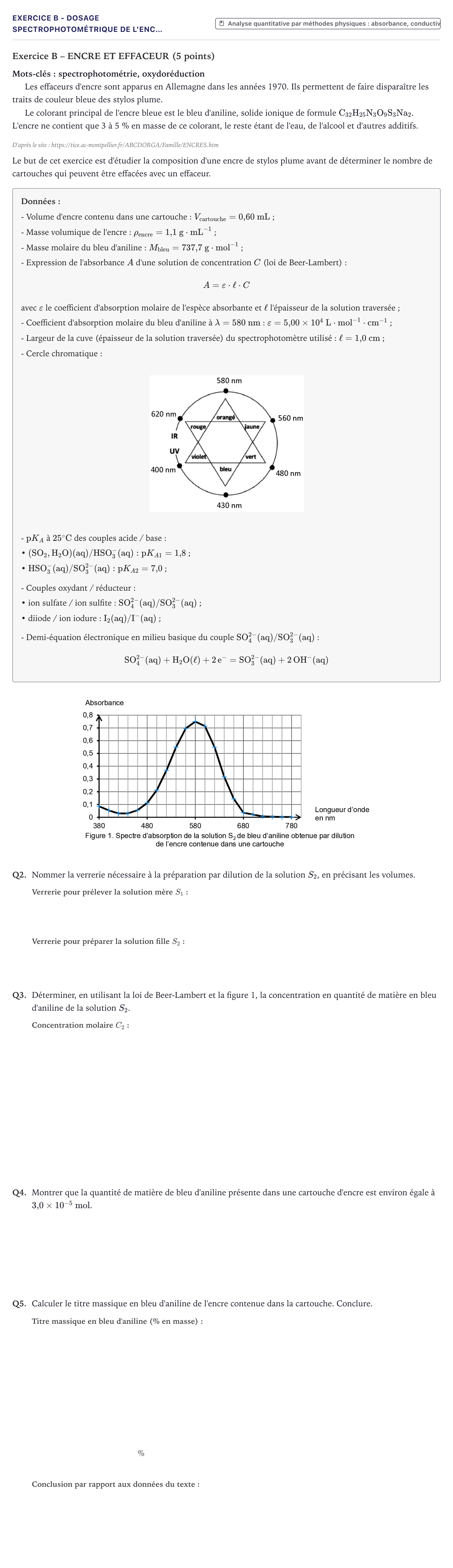 Énoncé: Exercice B - Dosage spectrophotométrique de l'enc… · Bac Physique-Chimie Métropole 2022 (sujet 2)