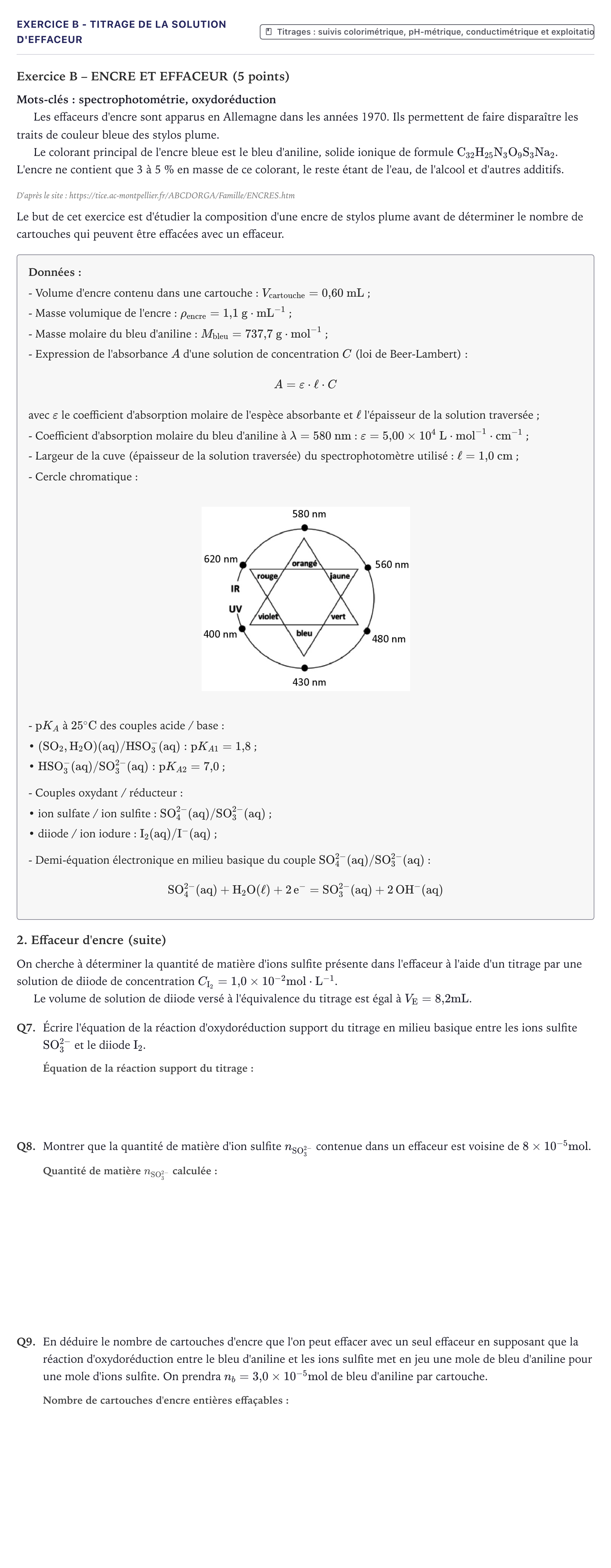 Énoncé: Exercice B - Titrage de la solution d'effaceur · Bac Physique-Chimie Métropole 2022 (sujet 2)