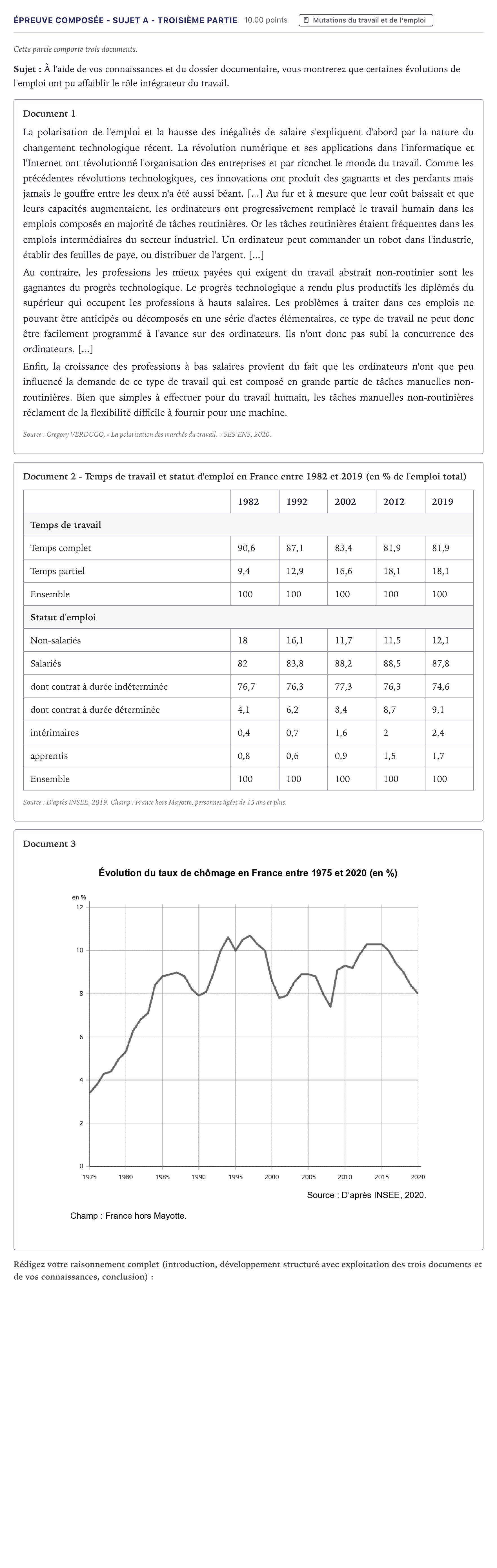 Énoncé: Épreuve composée - Sujet A - Troisième partie · Bac Sciences Économiques et Sociales Métropole 2022 (sujet 1)