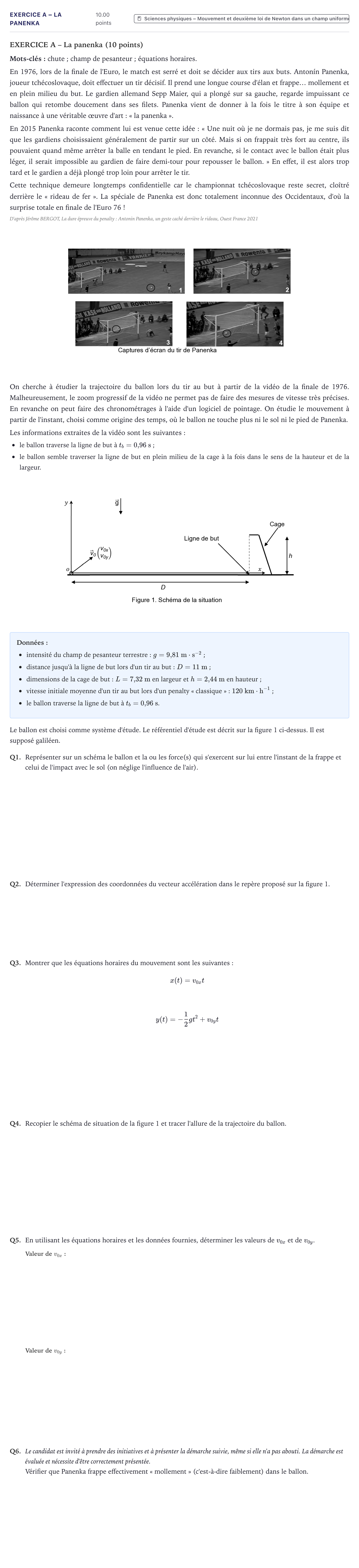 Énoncé: EXERCICE A – La panenka · Bac Sciences de l'Ingénieur Métropole 2022 (sujet 1)