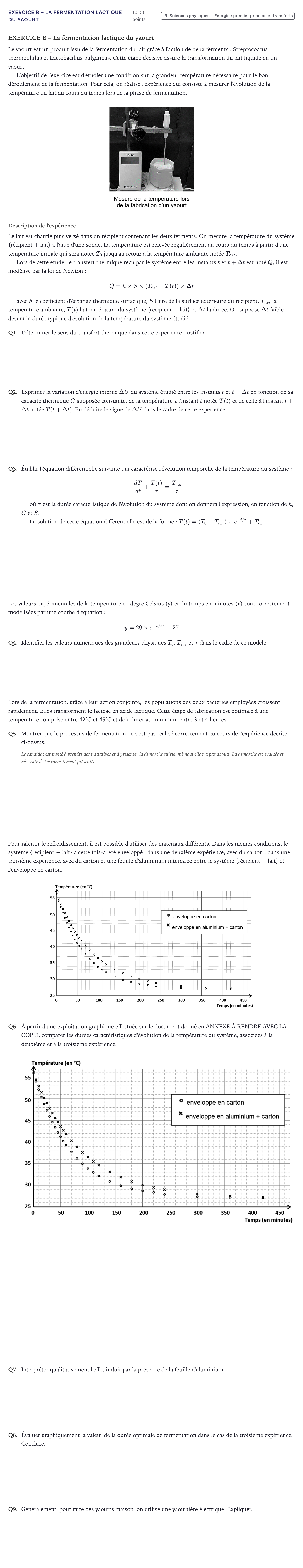 Énoncé: EXERCICE B – La fermentation lactique du yaourt · Bac Sciences de l'Ingénieur Métropole 2022 (sujet 1)