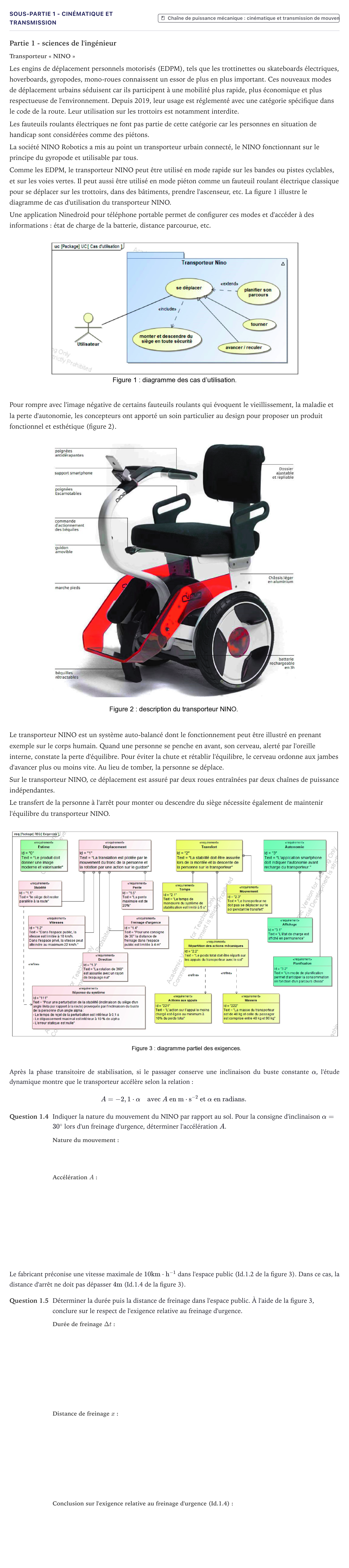 Énoncé: Exercice Sous-partie 1 - Cinématique et transmission · Bac Sciences de l'Ingénieur Métropole 2022 (sujet 1)