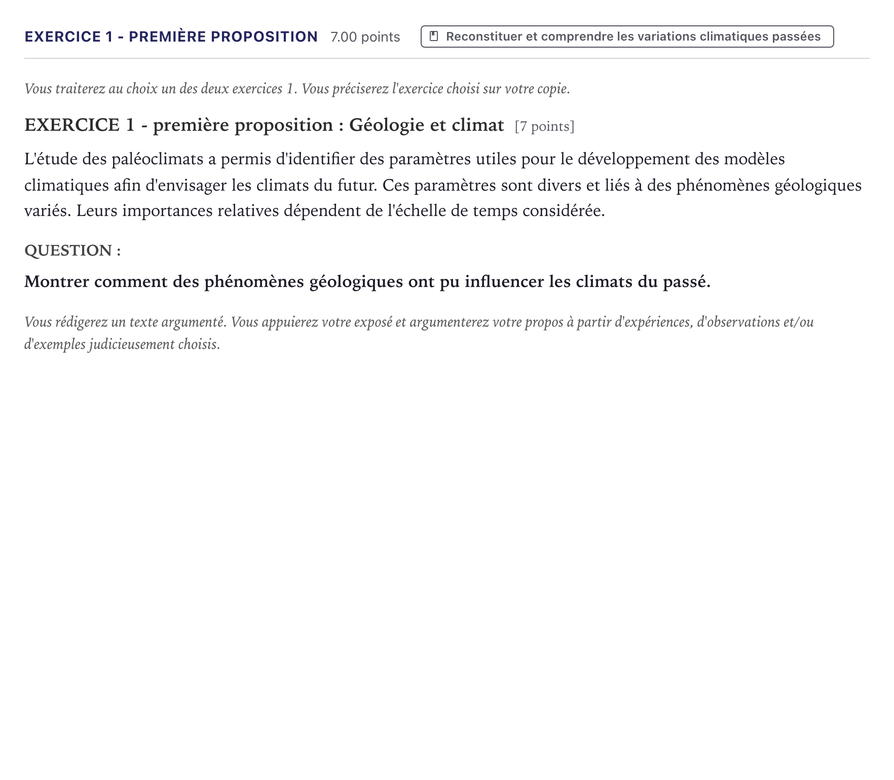 Énoncé: Exercice 1 - Première proposition · Bac Sciences de la Vie et de la Terre Métropole 2022 (sujet 2)
