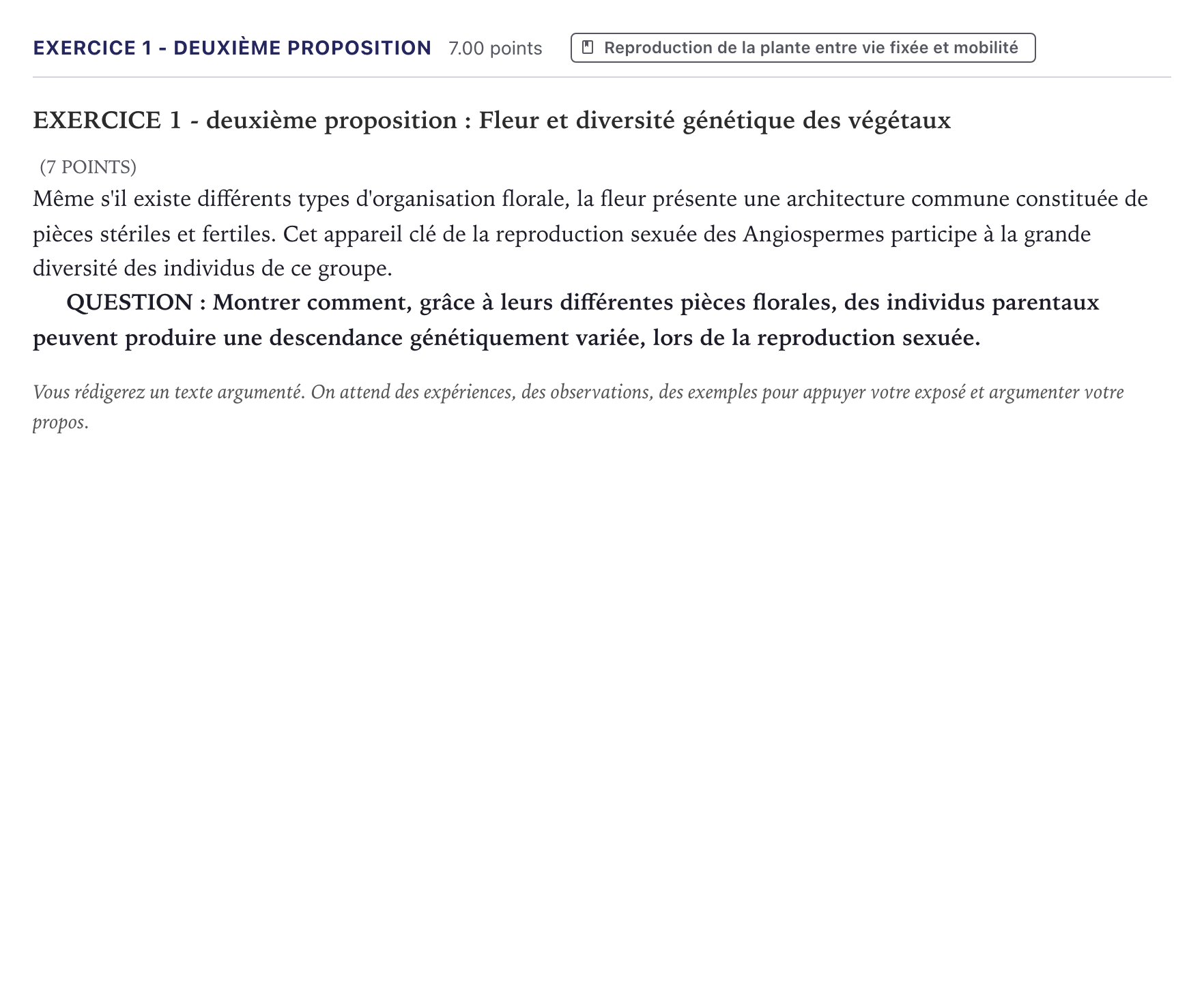 Énoncé: Exercice 1 - Deuxième proposition · Bac Sciences de la Vie et de la Terre Métropole 2022 (sujet 2)