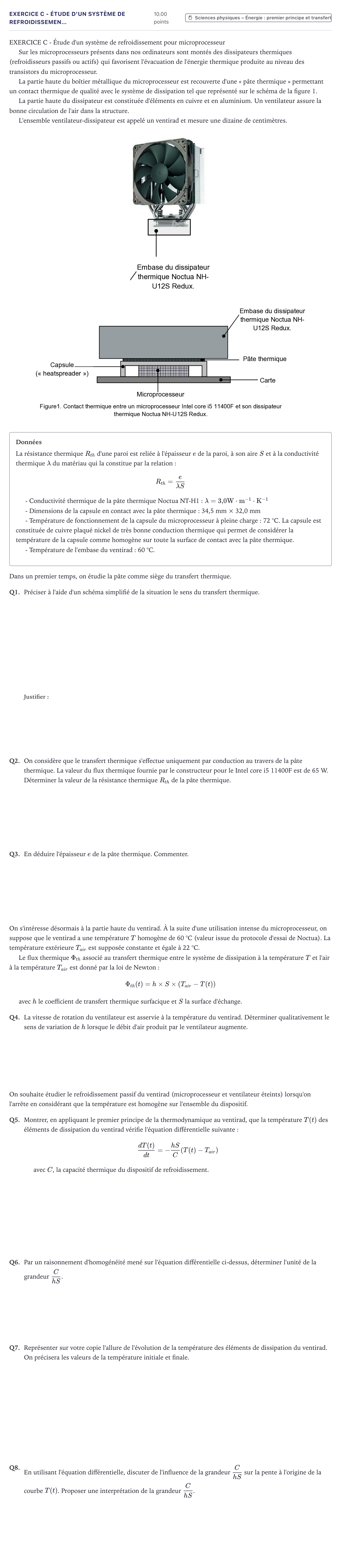 Énoncé: Exercice C - Étude d'un système de refroidissemen… · Bac Sciences de l'Ingénieur Métropole 2022 (sujet 2)
