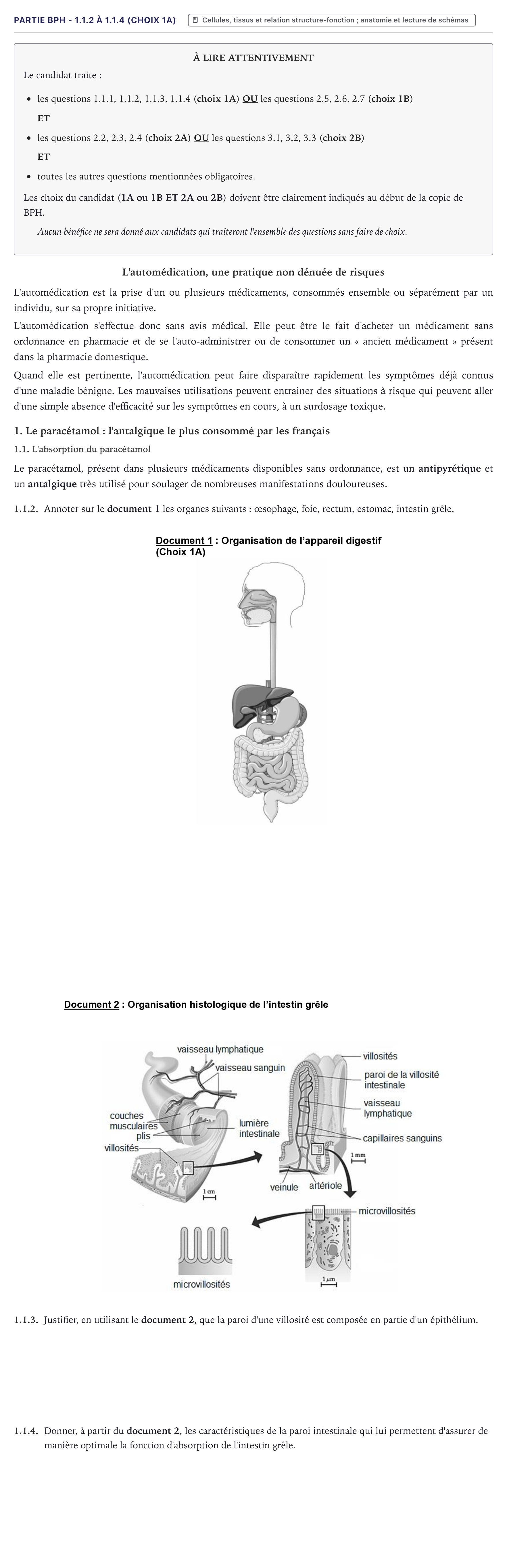 Énoncé: Partie BPH - 1.1.2 à 1.1.4 (Choix 1A) · Bac ST2S Chimie, Biologie et Physiopathologie Humaines Métropole 2022