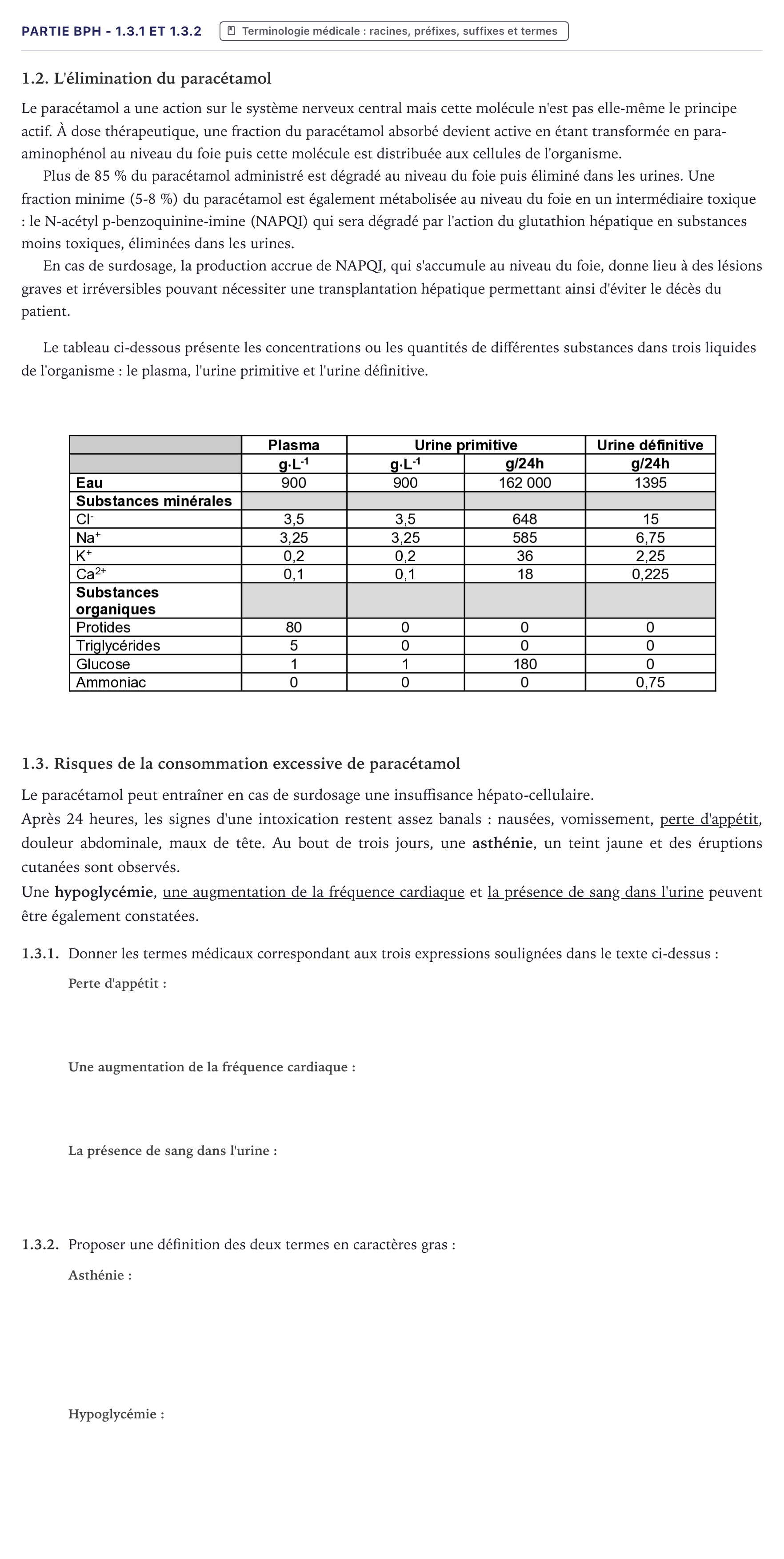 Énoncé: Partie BPH - 1.3.1 et 1.3.2 · Bac ST2S Chimie, Biologie et Physiopathologie Humaines Métropole 2022