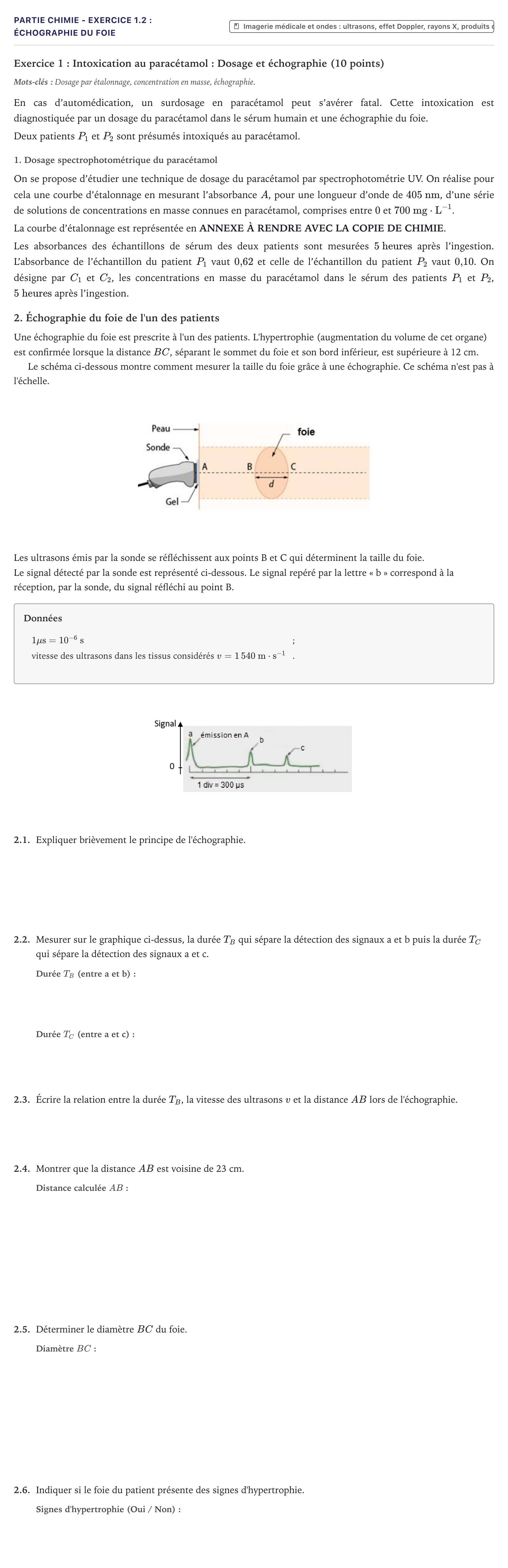 Énoncé: Partie Chimie - Exercice 1.2 : Échographie du foie · Bac ST2S Chimie, Biologie et Physiopathologie Humaines Métropole 2022
