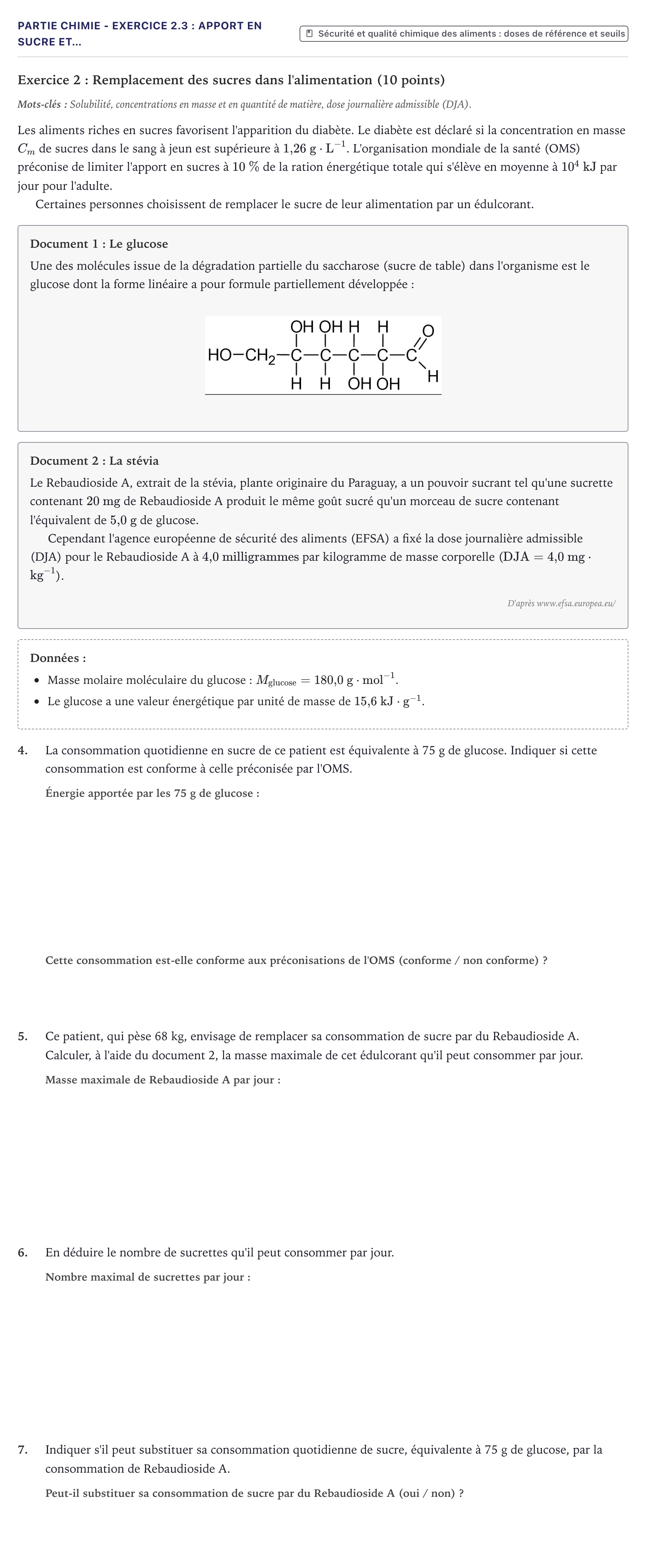 Énoncé: Partie Chimie - Exercice 2.3 : Apport en sucre et… · Bac ST2S Chimie, Biologie et Physiopathologie Humaines Métropole 2022