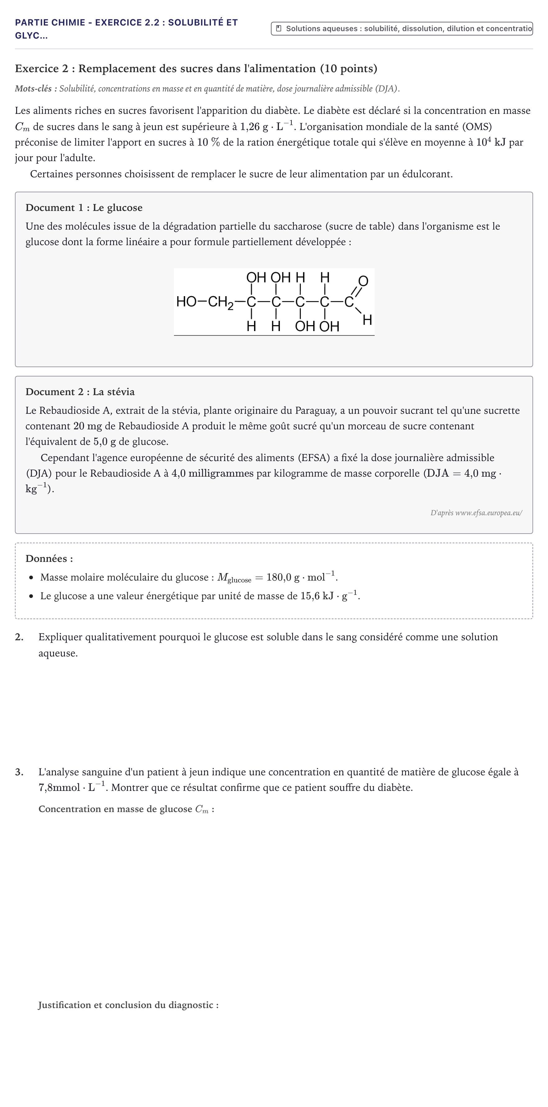 Énoncé: Partie Chimie - Exercice 2.2 : Solubilité et glyc… · Bac ST2S Chimie, Biologie et Physiopathologie Humaines Métropole 2022