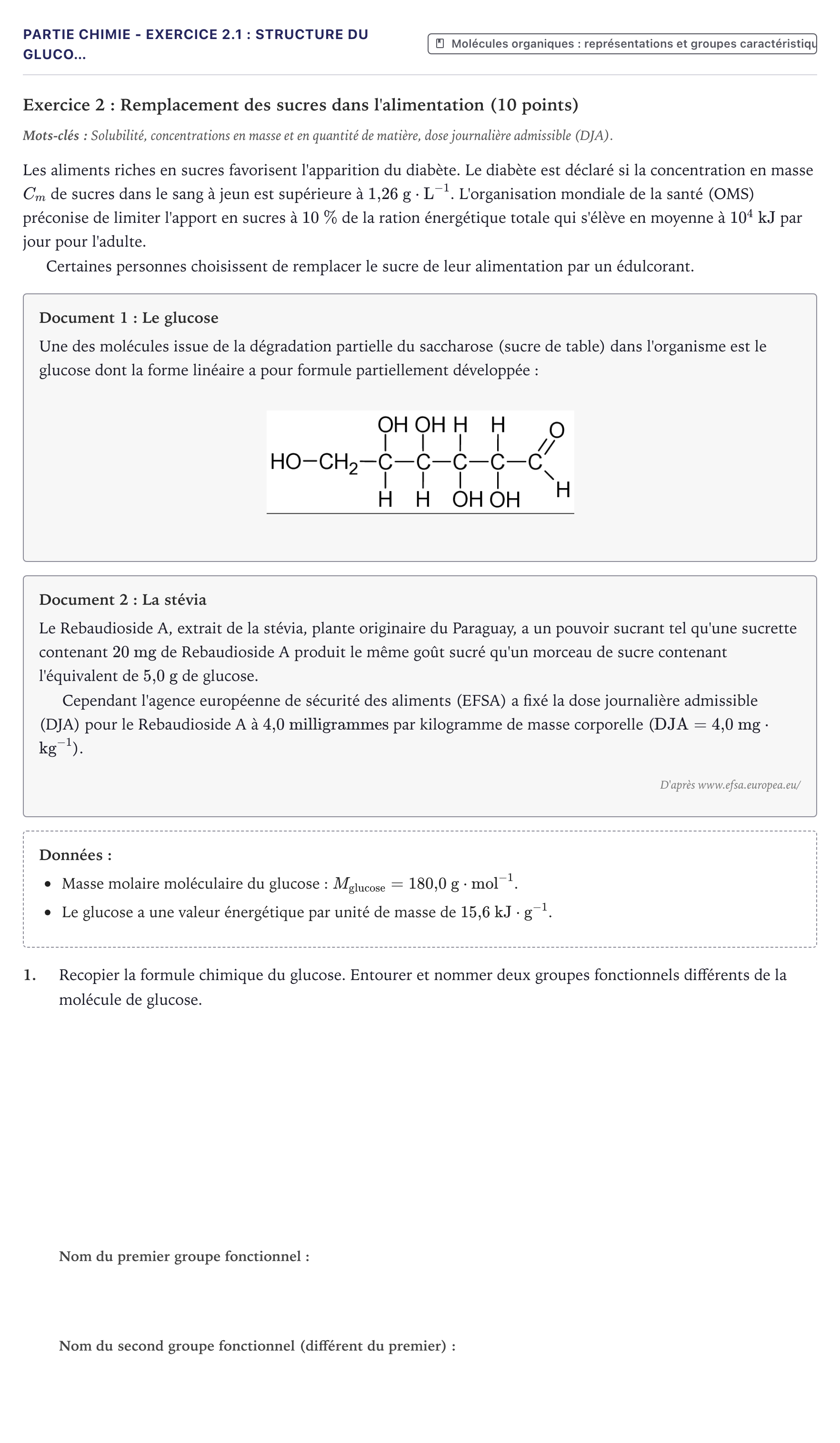 Énoncé: Partie Chimie - Exercice 2.1 : Structure du gluco… · Bac ST2S Chimie, Biologie et Physiopathologie Humaines Métropole 2022