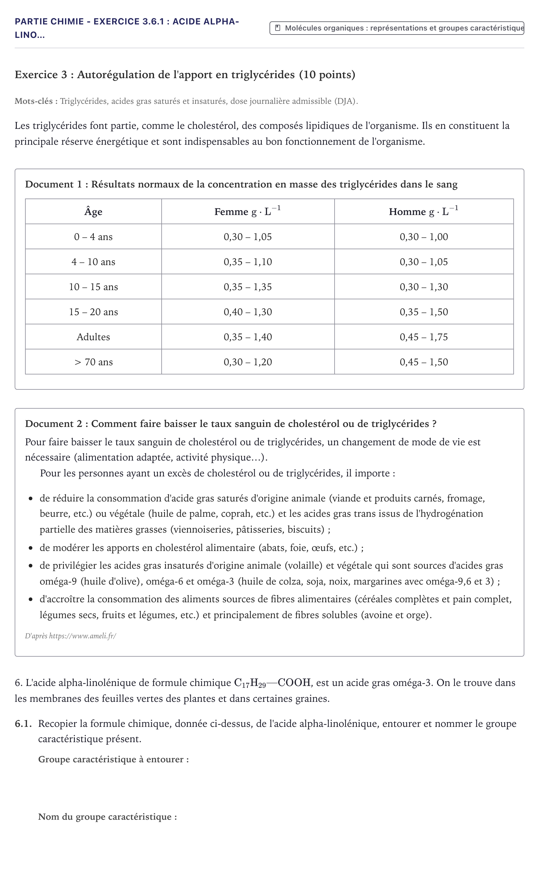 Énoncé: Partie Chimie - Exercice 3.6.1 : Acide alpha-lino… · Bac ST2S Chimie, Biologie et Physiopathologie Humaines Métropole 2022