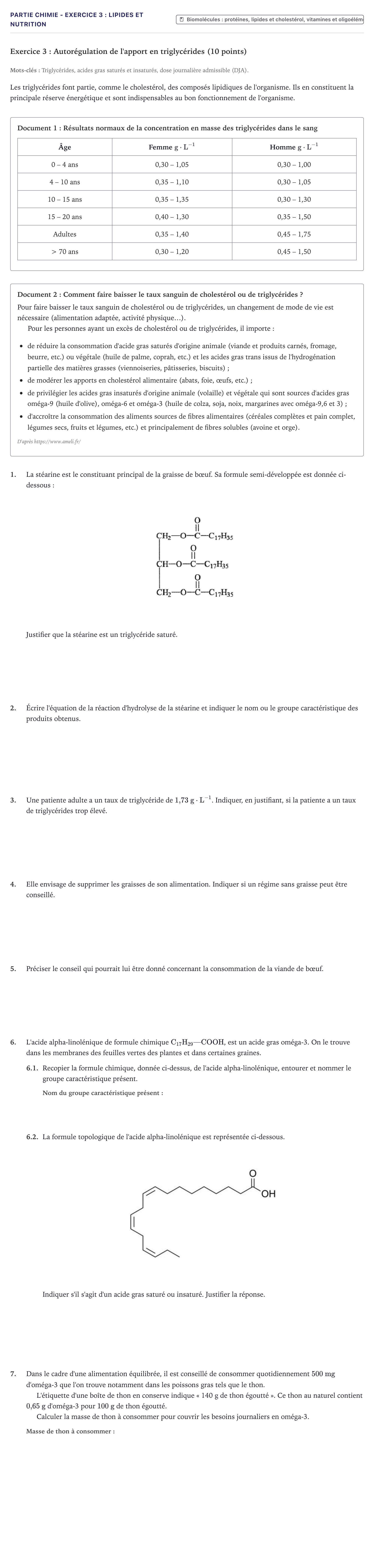 Énoncé: Partie Chimie - Exercice 3 : Lipides et nutrition · Bac ST2S Chimie, Biologie et Physiopathologie Humaines Métropole 2022