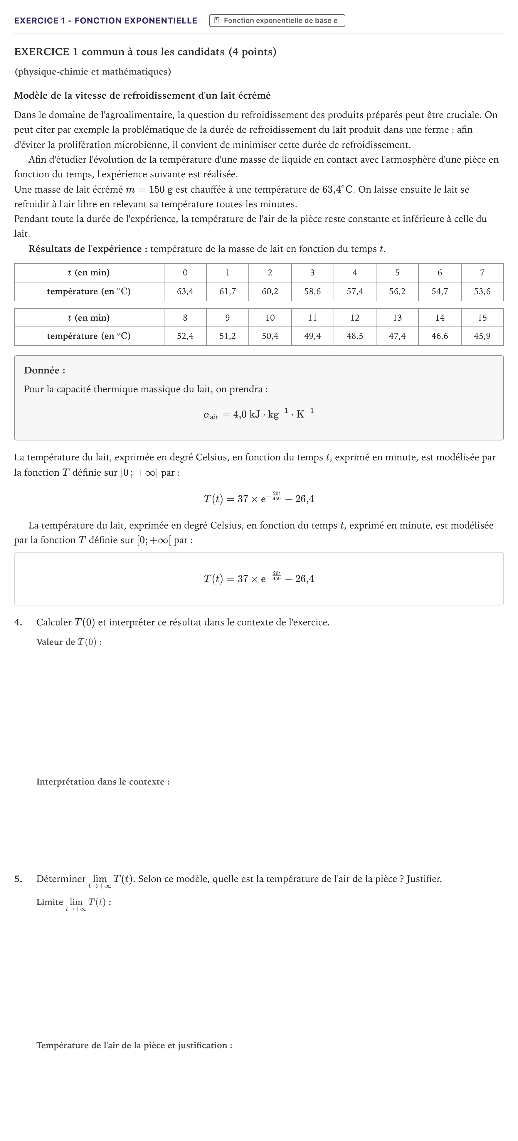 Énoncé: Exercice 1 - Fonction exponentielle · Bac STI2D Physique-Chimie et Mathématiques Métropole 2022
