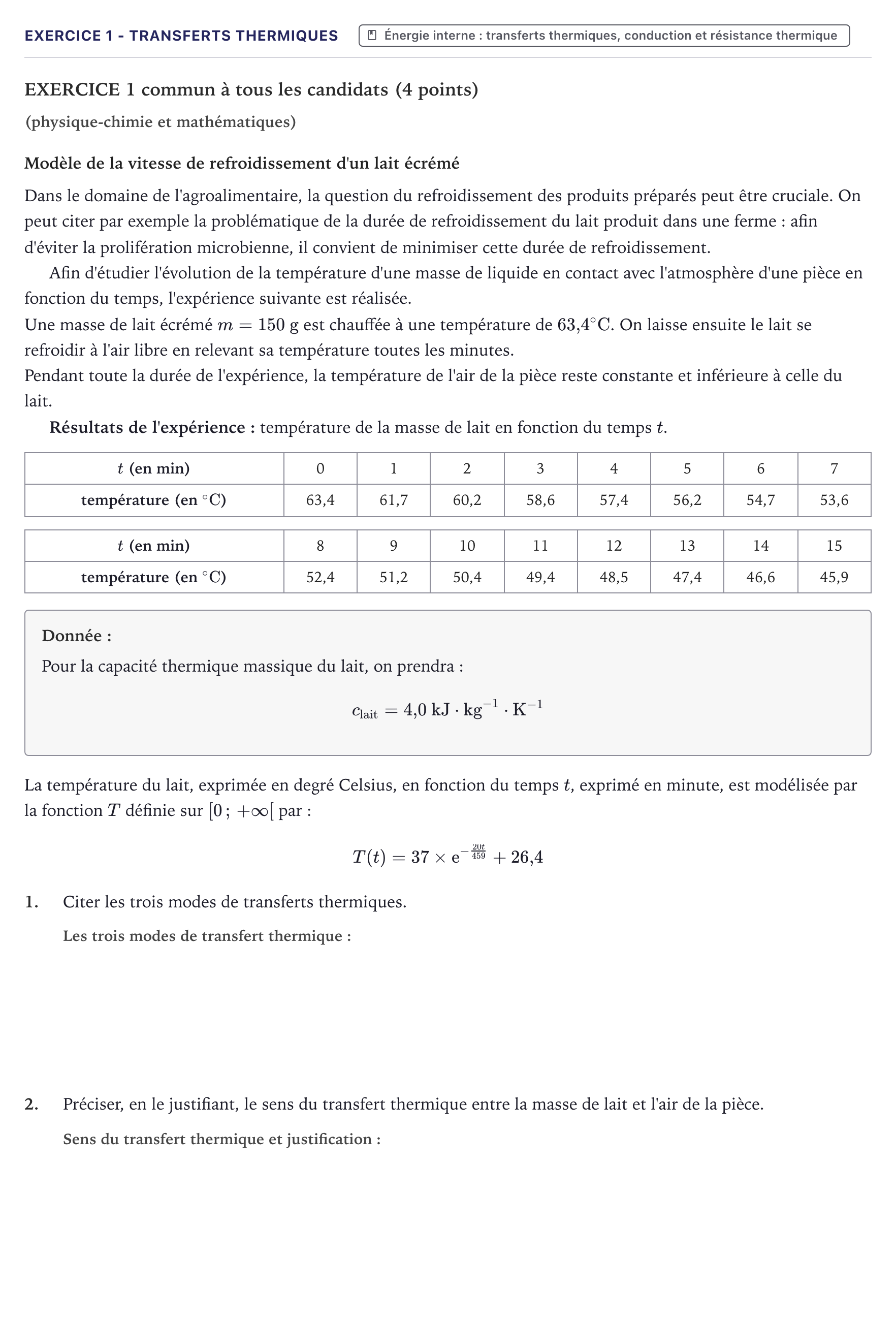 Énoncé: Exercice 1 - Transferts thermiques · Bac STI2D Physique-Chimie et Mathématiques Métropole 2022