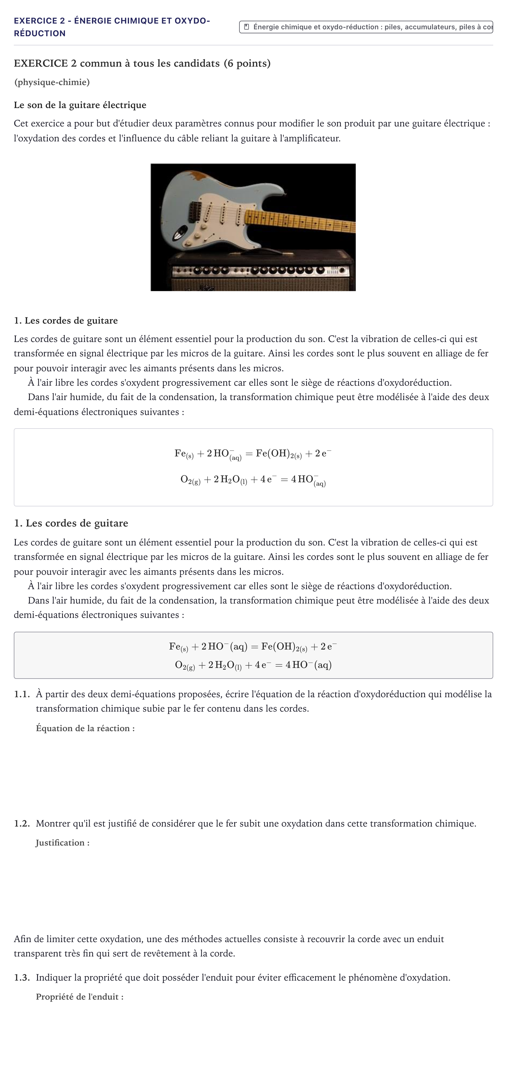 Énoncé: Exercice 2 - Énergie chimique et oxydo-réduction · Bac STI2D Physique-Chimie et Mathématiques Métropole 2022