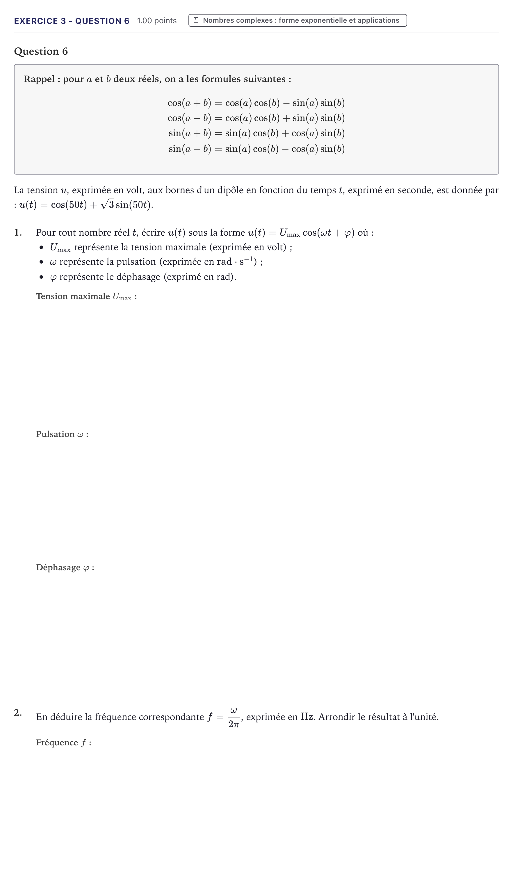 Énoncé: Exercice 3 - Question 6 · Bac STI2D Physique-Chimie et Mathématiques Métropole 2022