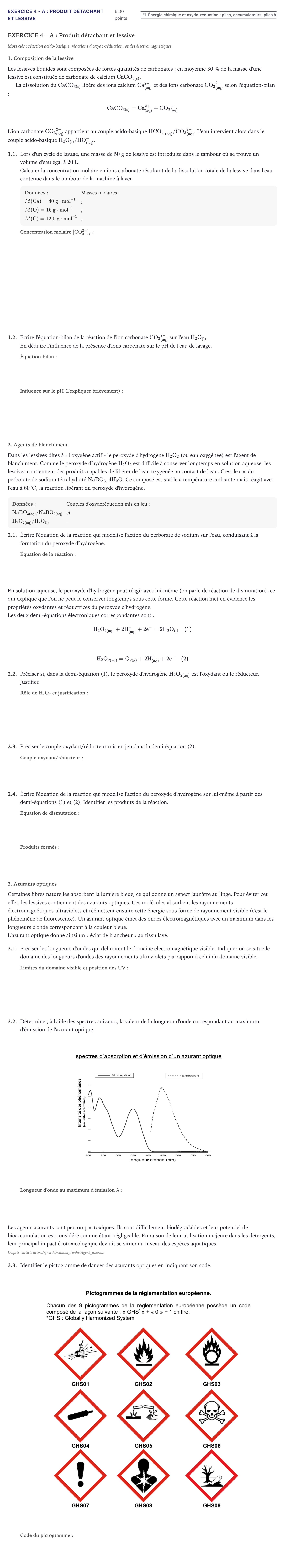 Énoncé: Exercice 4 - A : Produit détachant et lessive · Bac STI2D Physique-Chimie et Mathématiques Métropole 2022