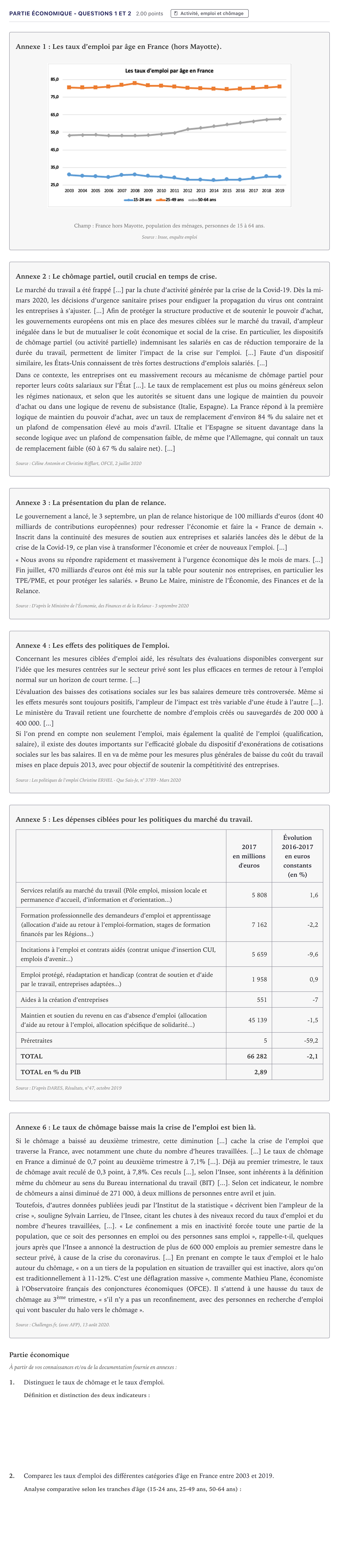Énoncé: Partie économique - Questions 1 et 2 · Bac STMG Droit et Économie Métropole 2022
