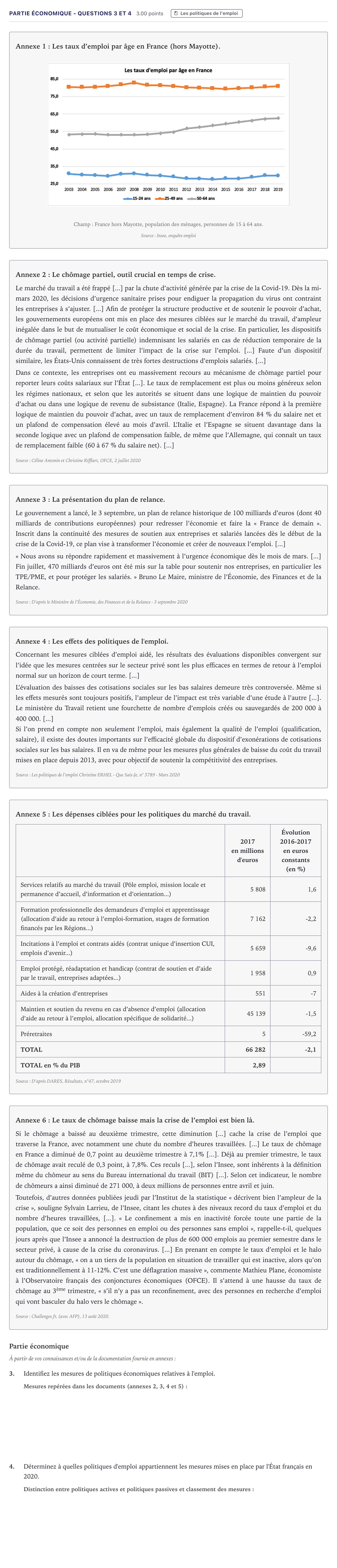 Énoncé: Partie économique - Questions 3 et 4 · Bac STMG Droit et Économie Métropole 2022