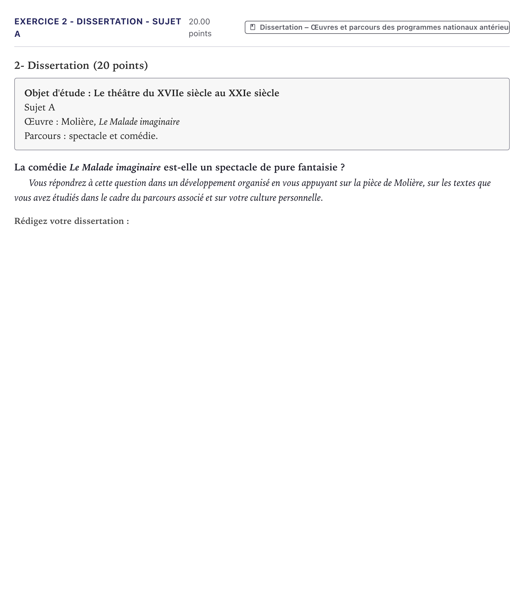 Énoncé: Exercice 2 - Dissertation - Sujet A · Bac Français (1ère) Métropole 2021 (sujet 2)