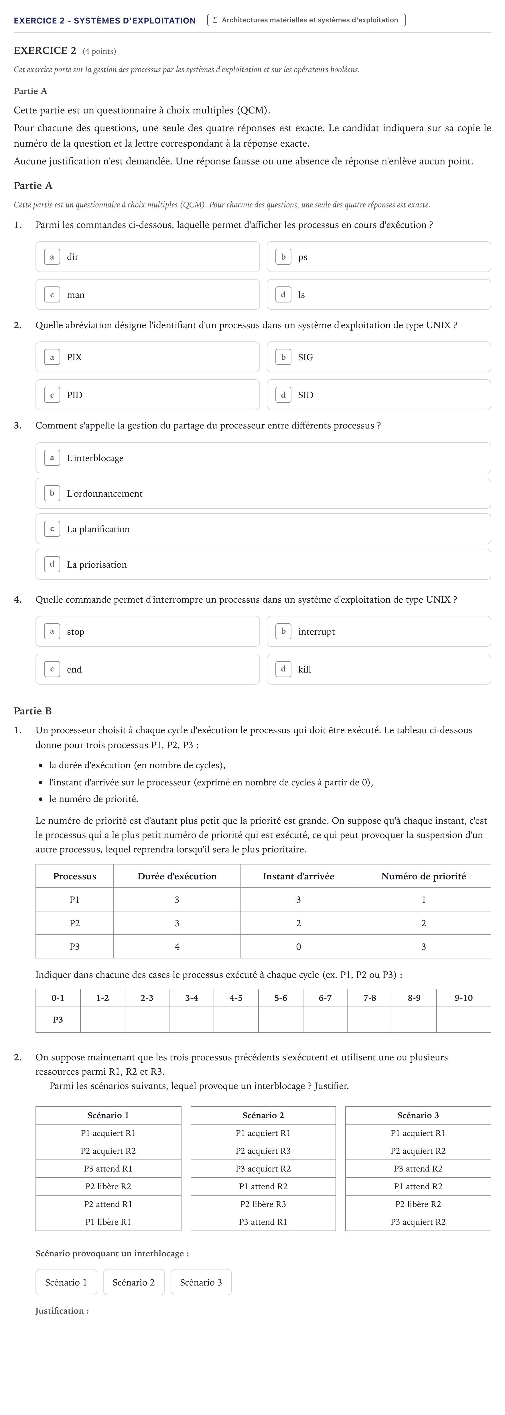 Énoncé: Exercice 2 - Systèmes d'exploitation · Bac Numérique et Sciences Informatiques Métropole 2021 (sujet 1)