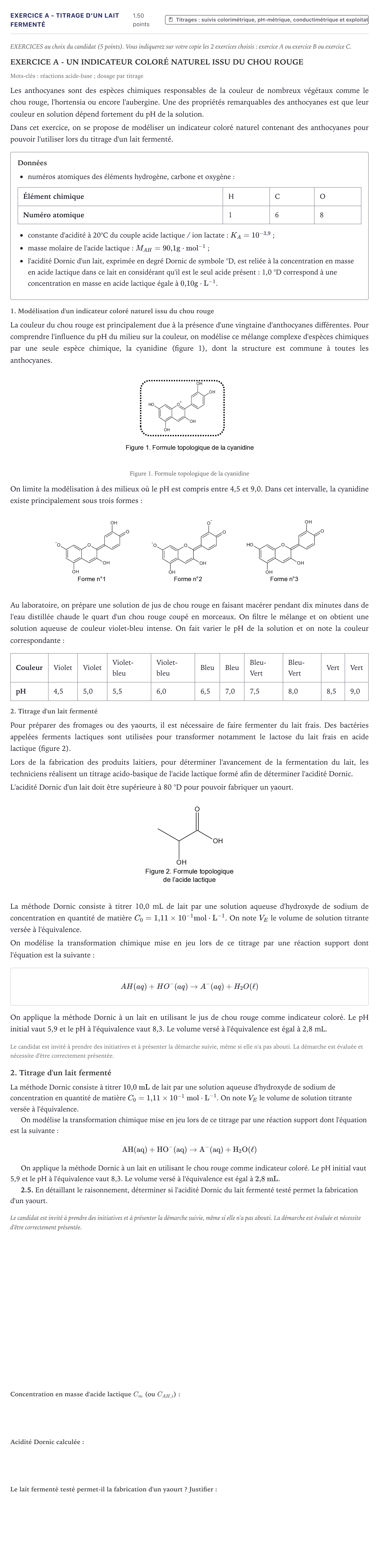 Énoncé: Exercice A - Titrage d'un lait fermenté · Bac Physique-Chimie Métropole 2021 (sujet 1)