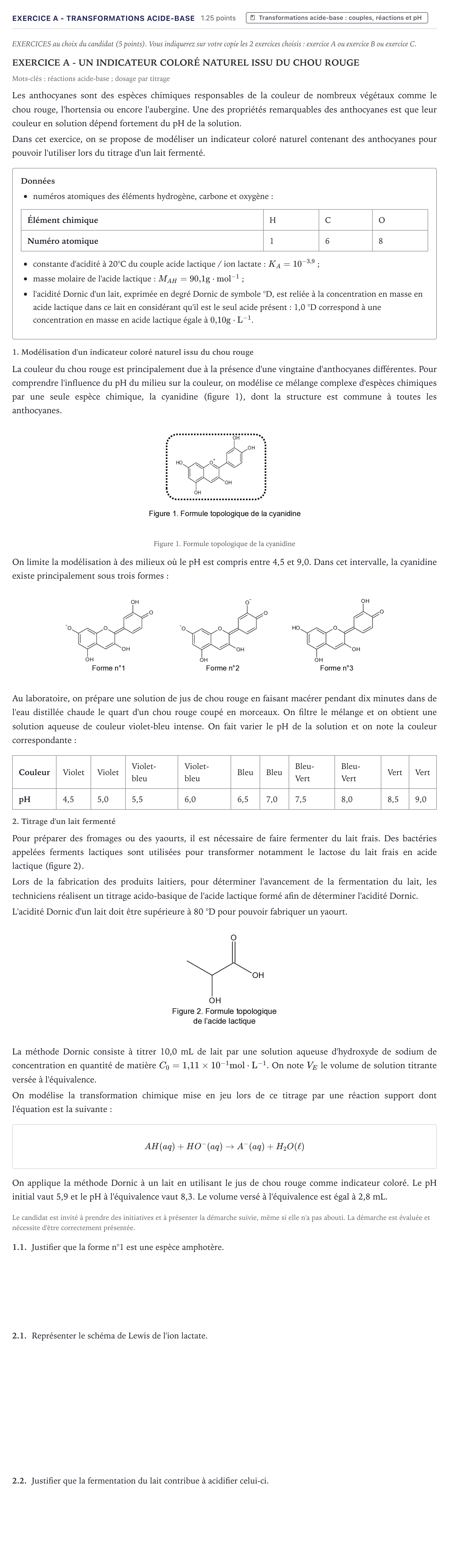 Énoncé: Exercice A - Transformations acide-base · Bac Physique-Chimie Métropole 2021 (sujet 1)