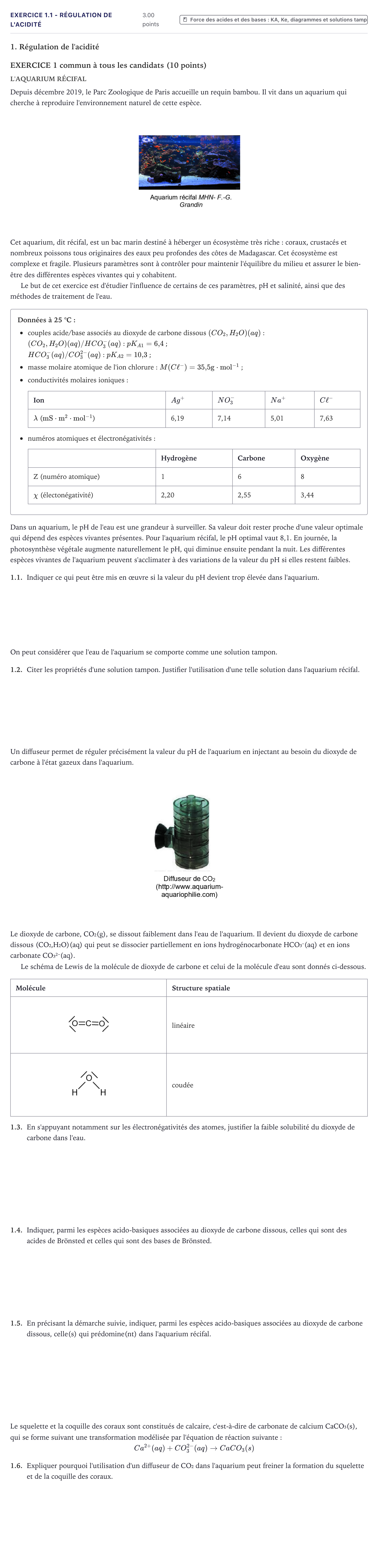 Énoncé: Exercice 1.1 - Régulation de l'acidité · Bac Physique-Chimie Métropole 2021 (sujet 2)