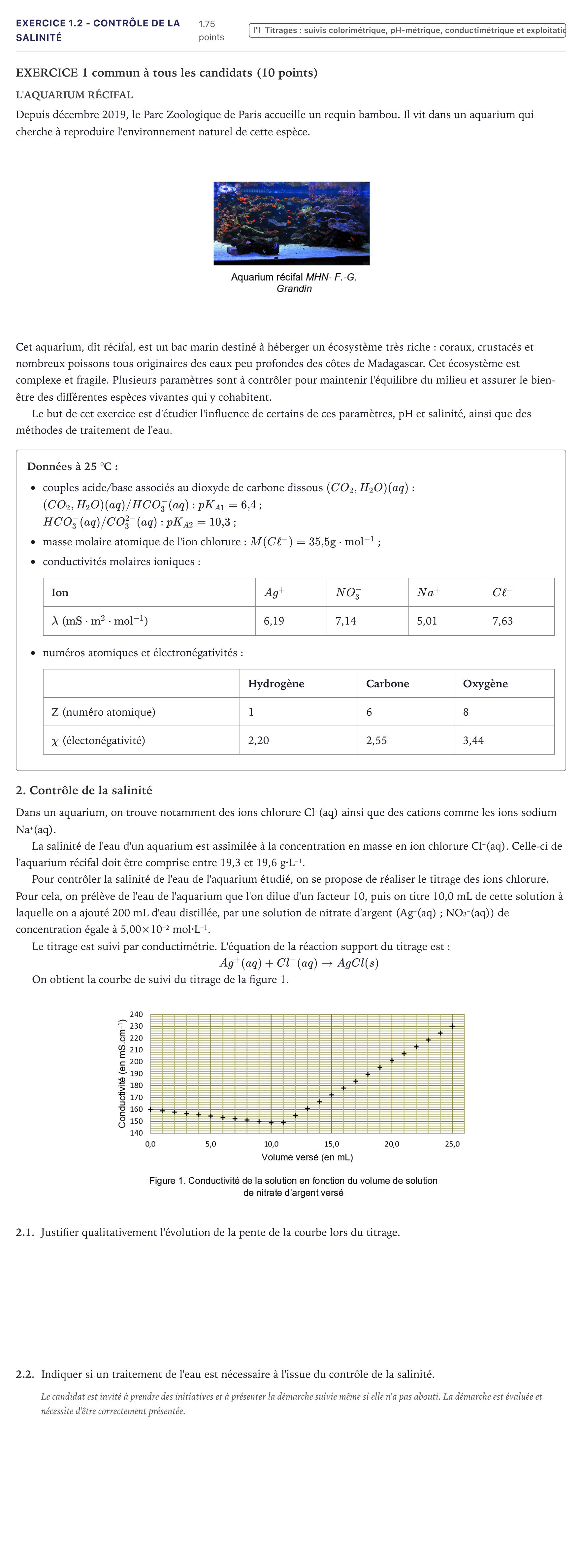 Énoncé: Exercice 1.2 - Contrôle de la salinité · Bac Physique-Chimie Métropole 2021 (sujet 2)