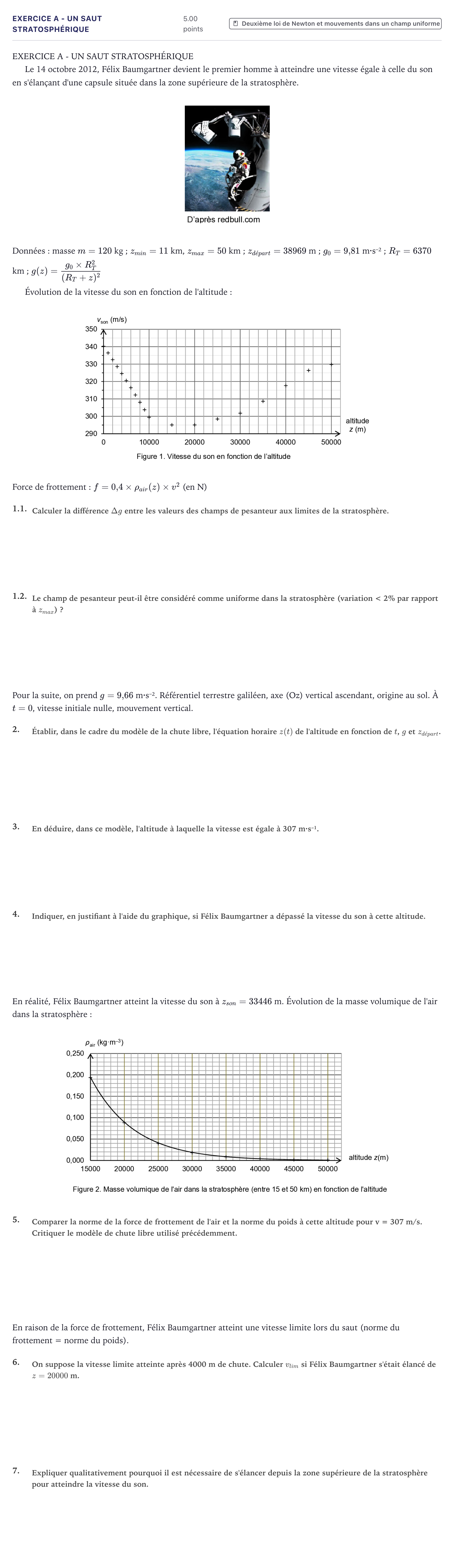 Énoncé: Exercice A - Un saut stratosphérique · Bac Physique-Chimie Métropole 2021 (sujet 2)