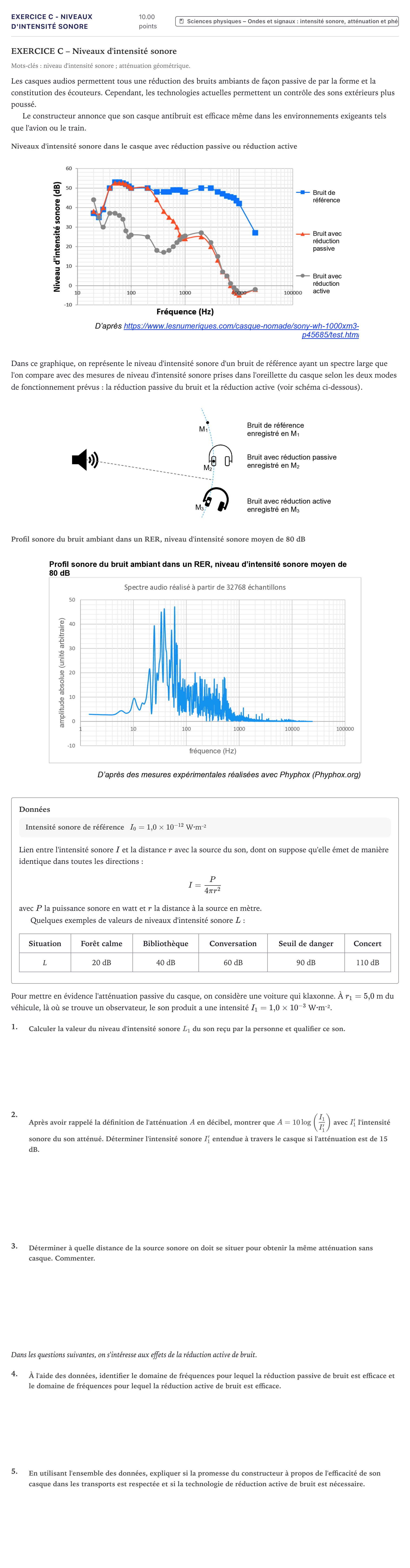 Énoncé: Exercice C - Niveaux d'intensité sonore · Bac Sciences de l'Ingénieur Métropole 2021 (sujet 1)