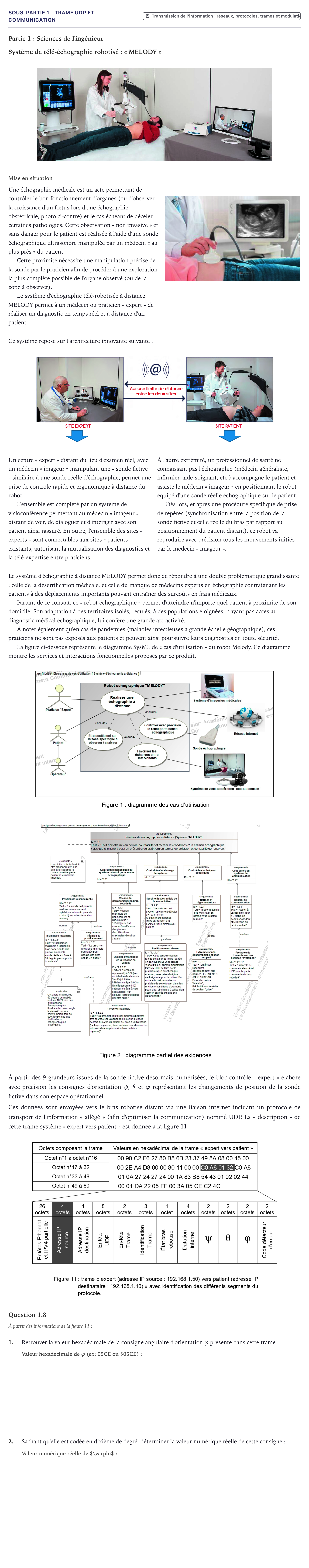 Énoncé: Exercice Sous-partie 1 - Trame UDP et communication · Bac Sciences de l'Ingénieur Métropole 2021 (sujet 1)