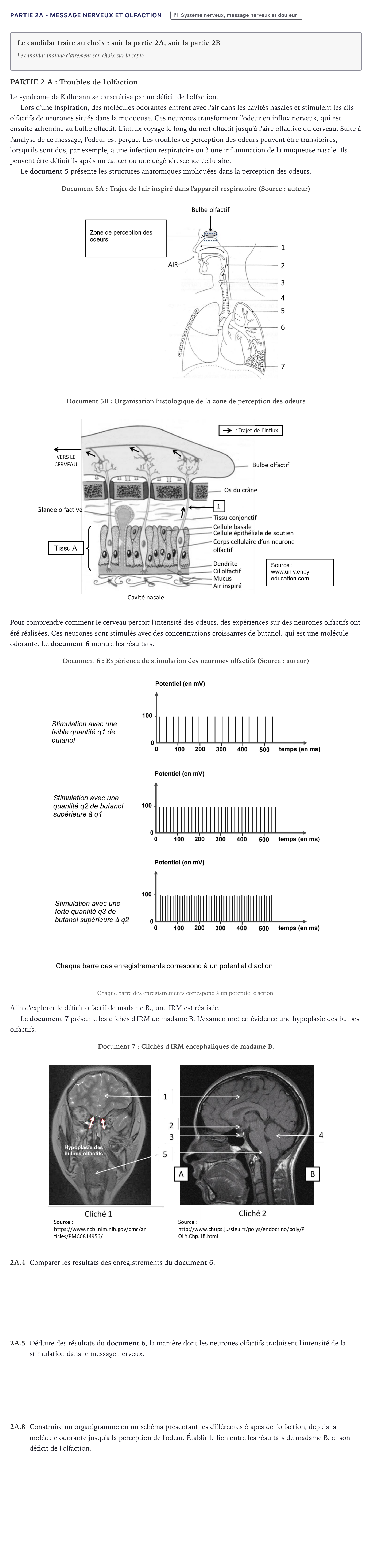 Énoncé: Partie 2A - Message nerveux et olfaction · Bac ST2S Chimie, Biologie et Physiopathologie Humaines Métropole 2021