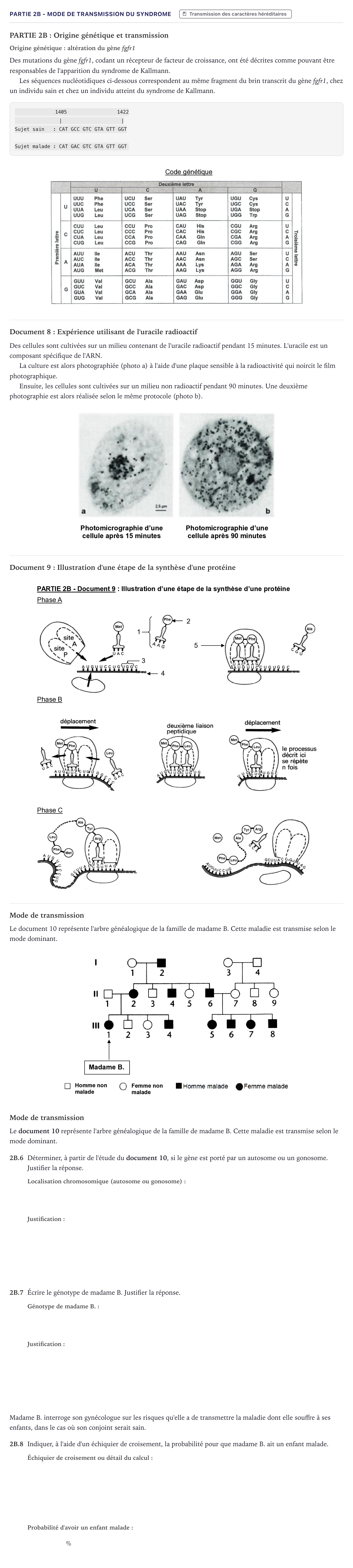 Énoncé: Partie 2B - Mode de transmission du syndrome · Bac ST2S Chimie, Biologie et Physiopathologie Humaines Métropole 2021