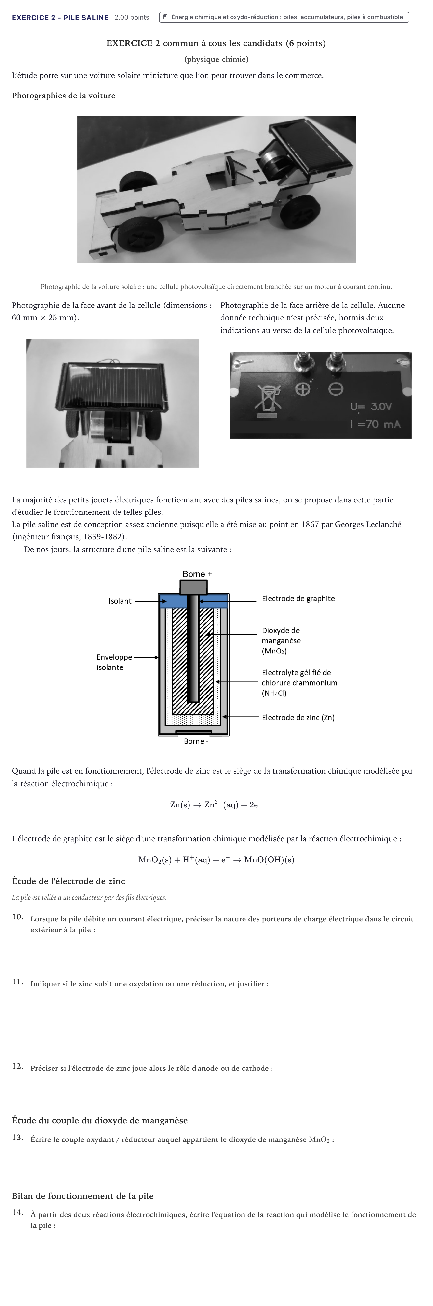 Énoncé: Exercice 2 - Pile saline · Bac STI2D Physique-Chimie et Mathématiques Métropole 2021