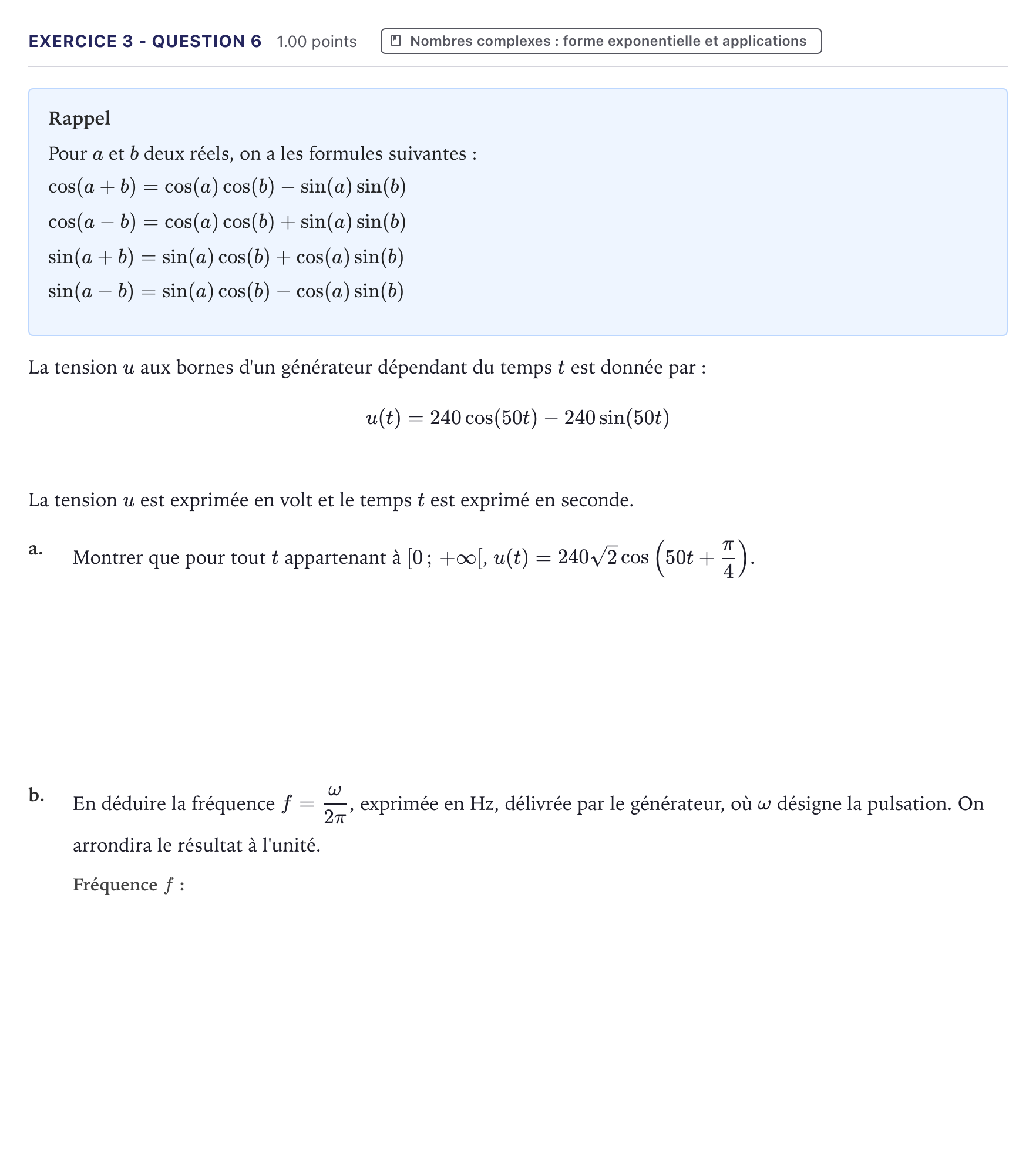 Énoncé: Exercice 3 - Question 6 · Bac STI2D Physique-Chimie et Mathématiques Métropole 2021